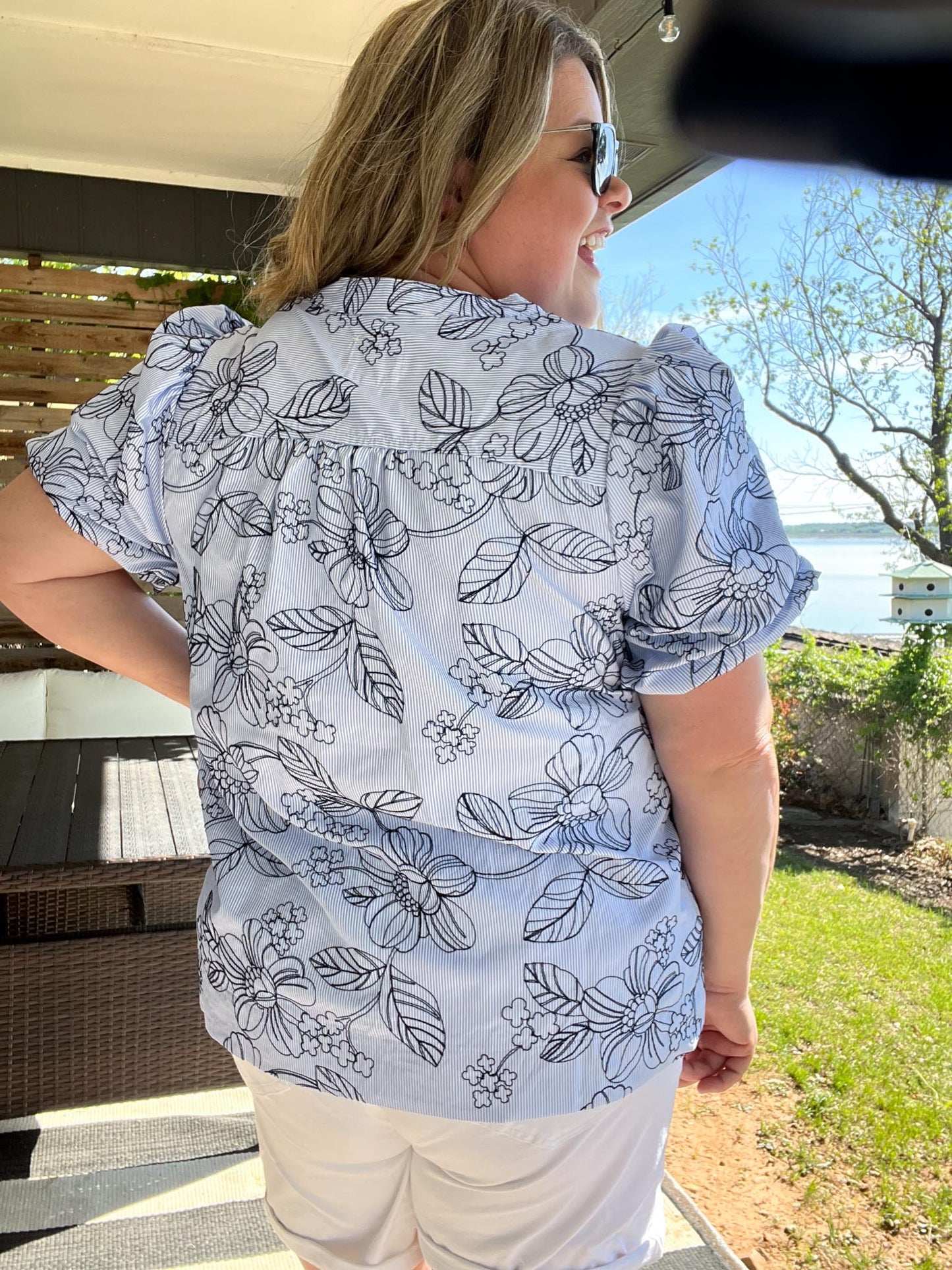 Petals & Pinstripes Curvy Blue Embroidered Blouse