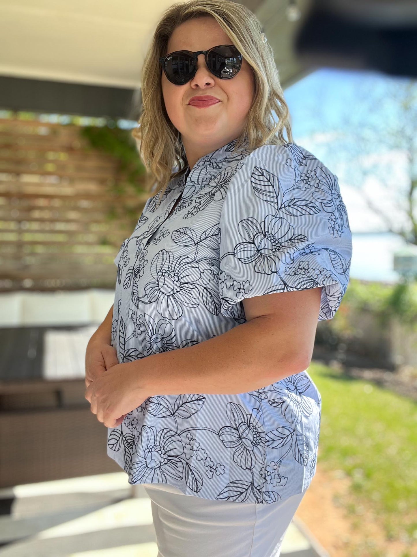 Petals & Pinstripes Curvy Blue Embroidered Blouse