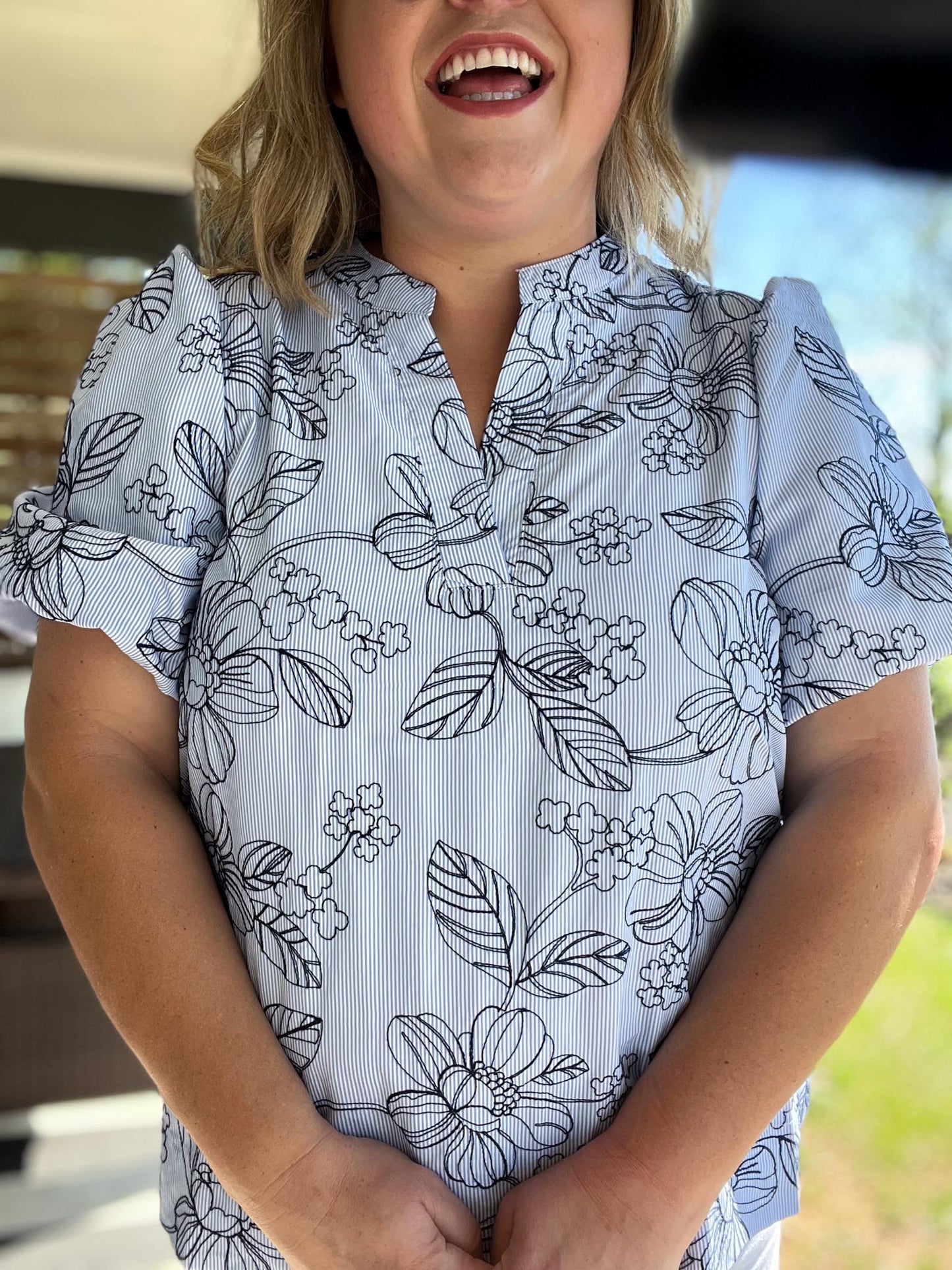Petals & Pinstripes Curvy Blue Embroidered Blouse