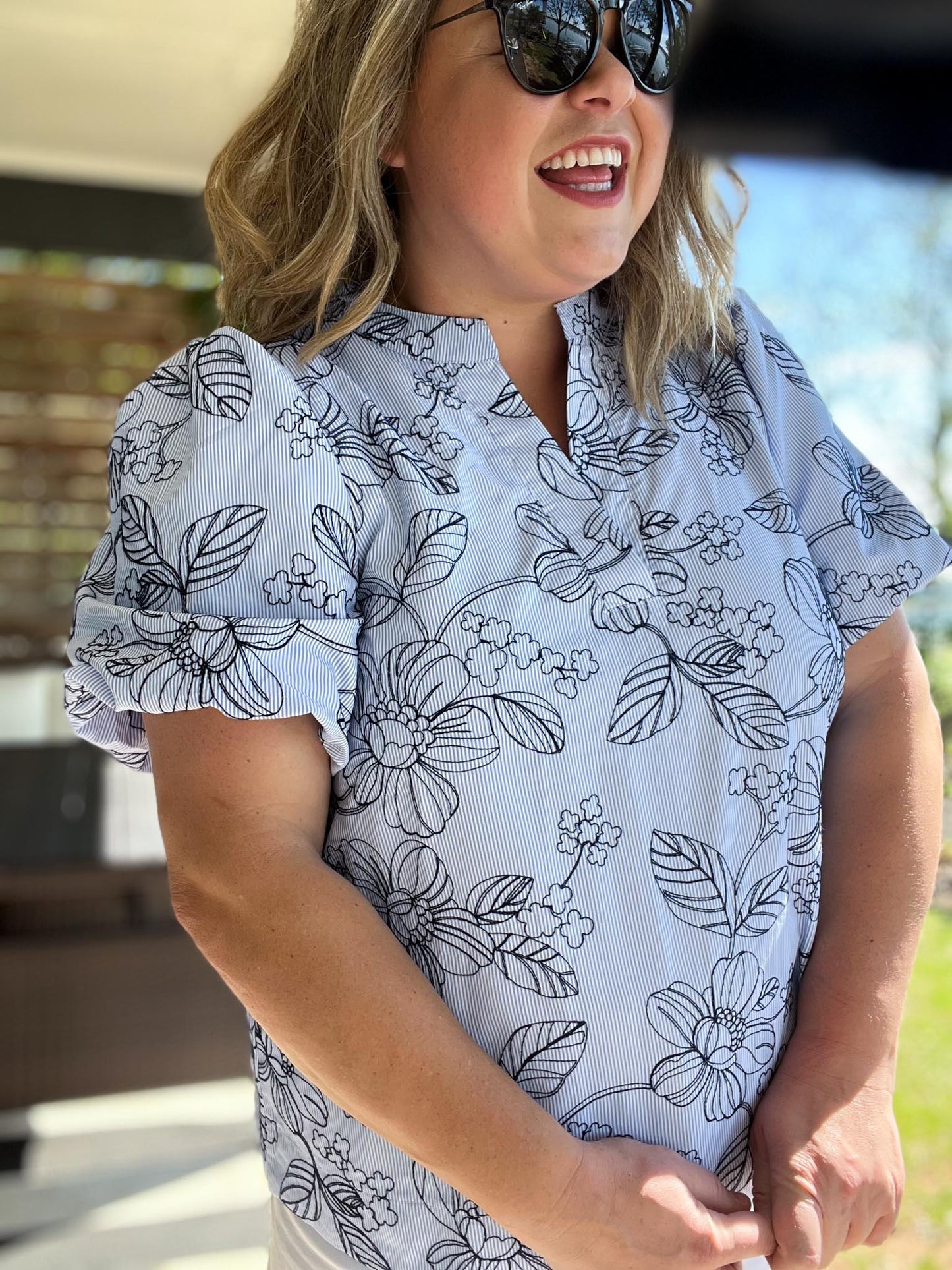 Petals & Pinstripes Curvy Blue Embroidered Blouse