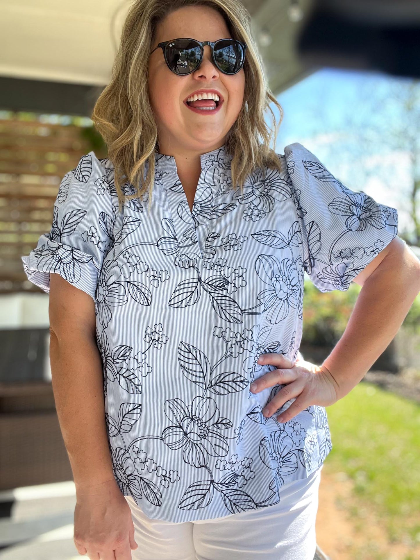 Petals & Pinstripes Curvy Blue Embroidered Blouse