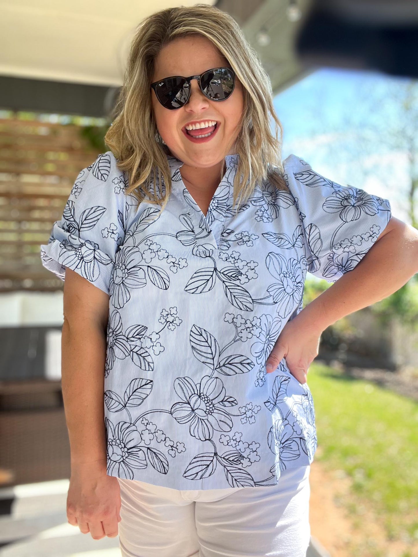 Petals & Pinstripes Curvy Blue Embroidered Blouse