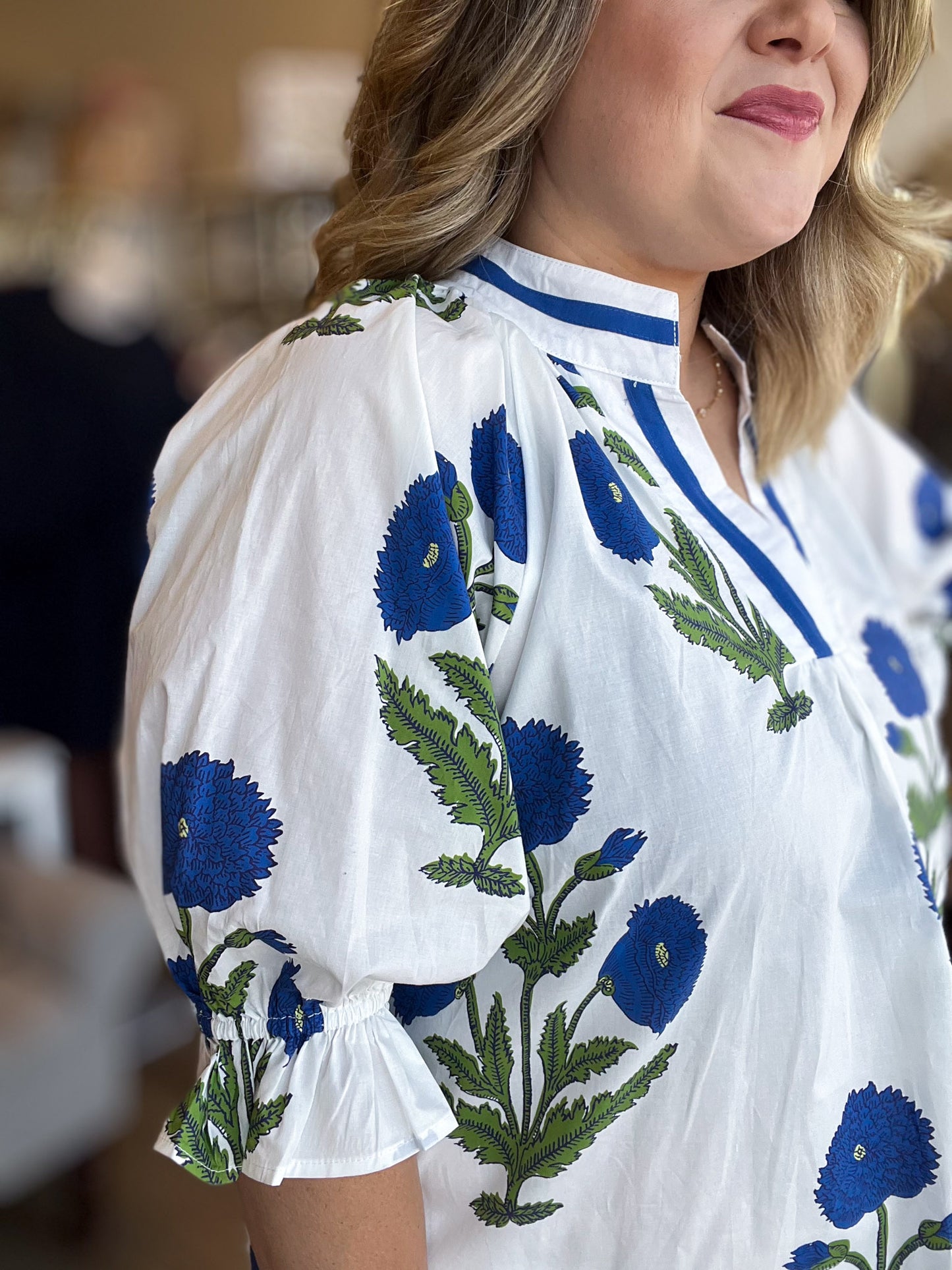 Picking Peonies Curvy White & Blue Floral Top