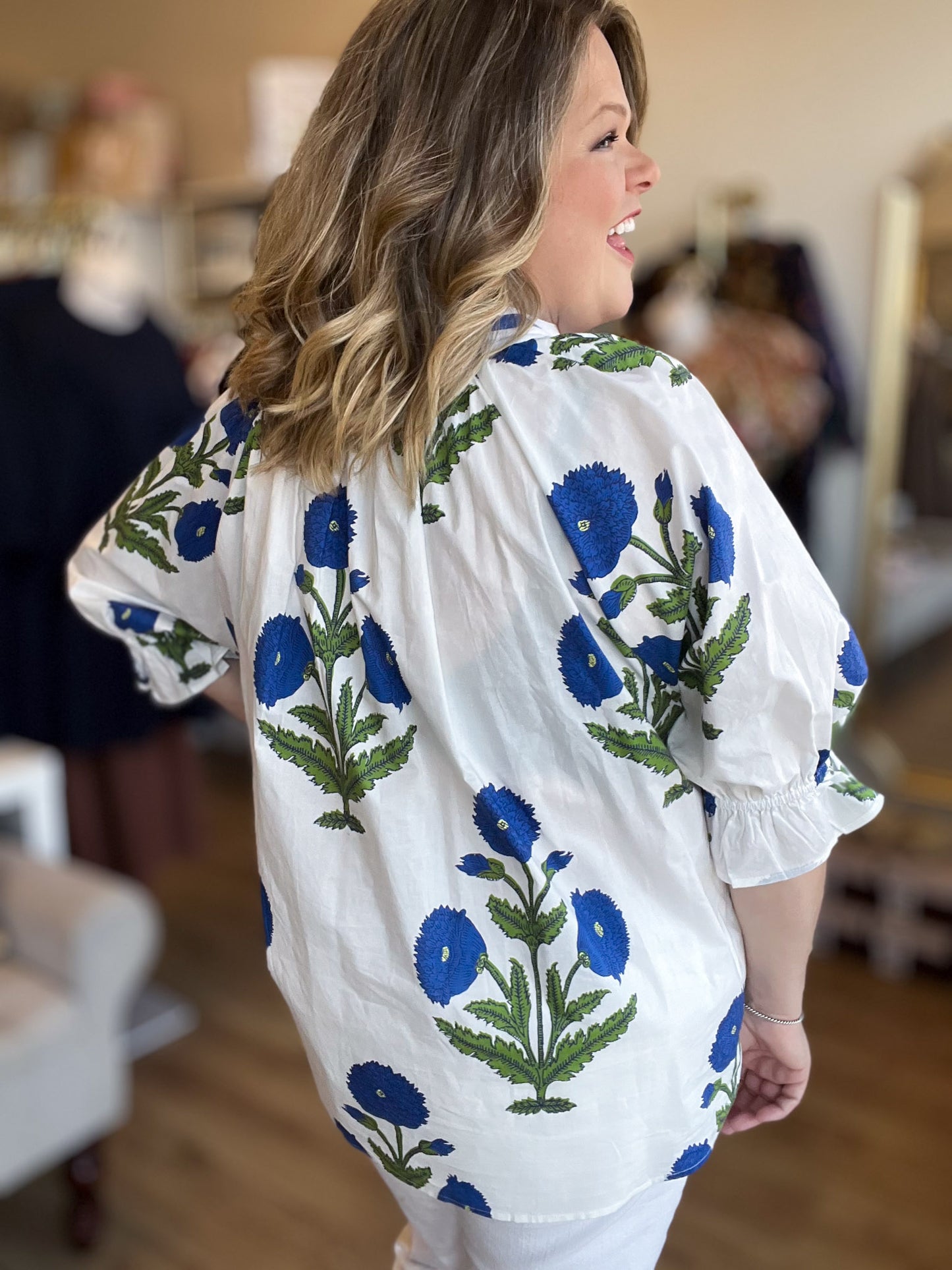 Picking Peonies Curvy White & Blue Floral Top