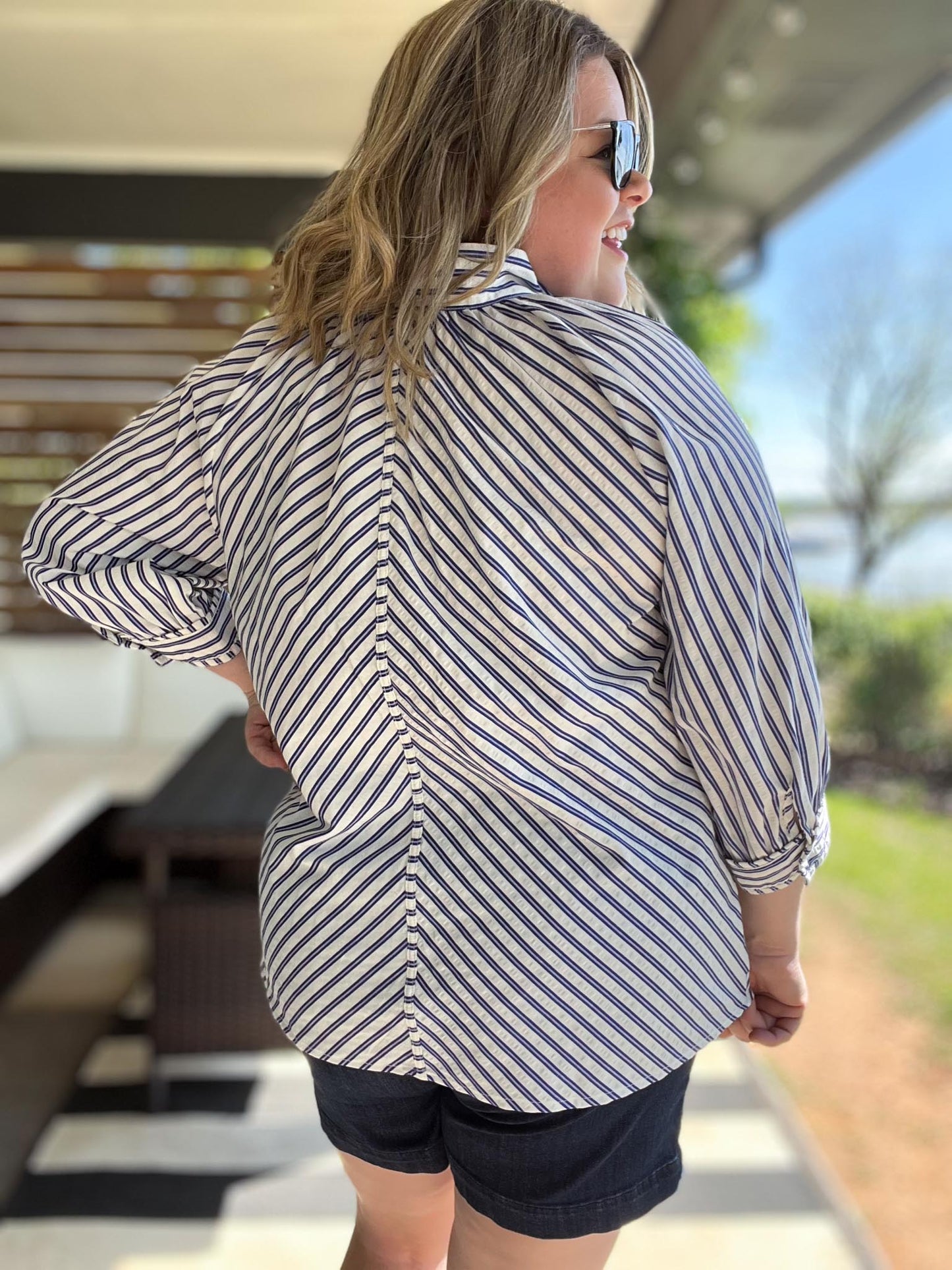 Picnic Pinstripe Curvy Navy Stripe Top