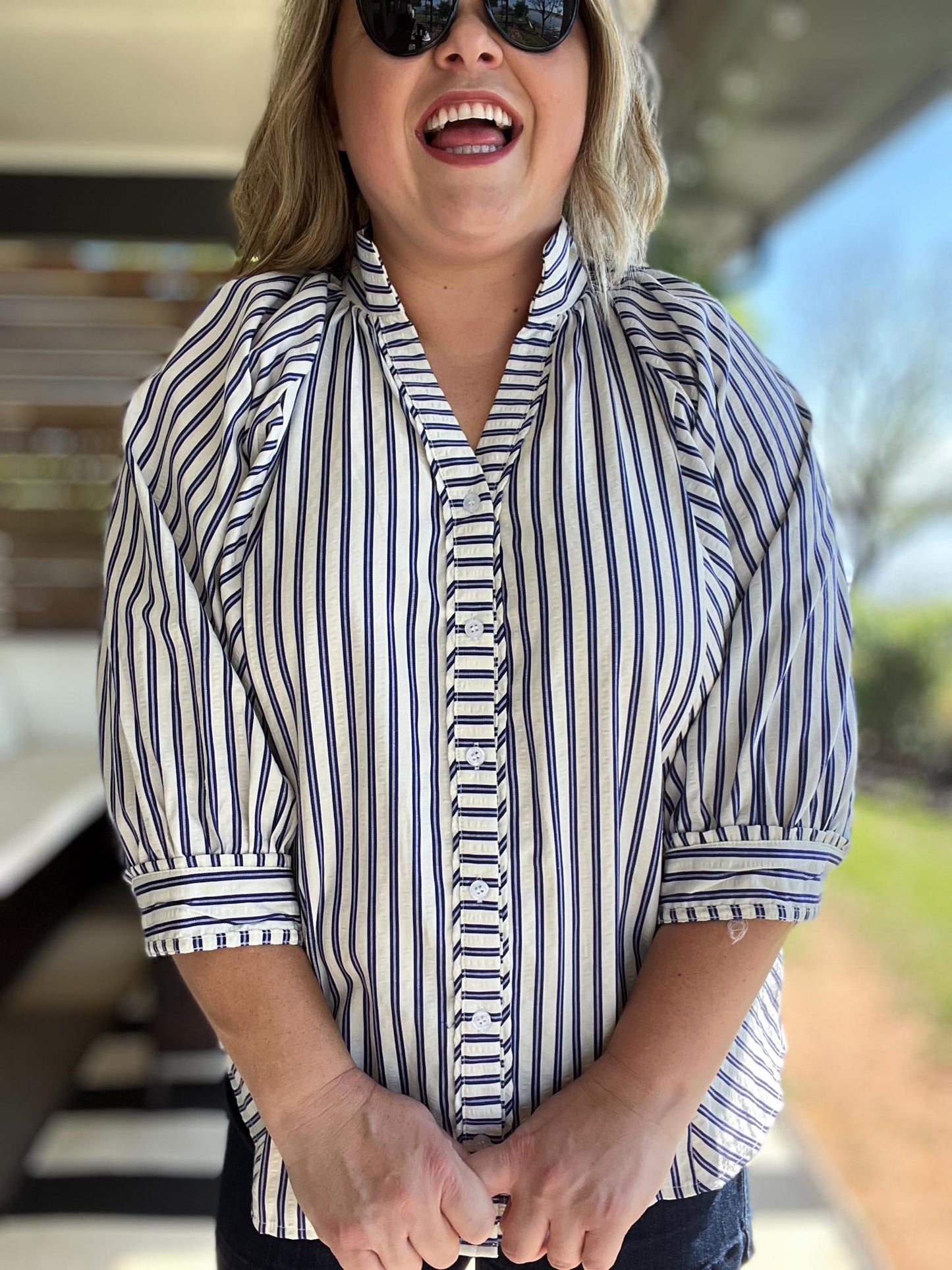 Picnic Pinstripe Curvy Navy Stripe Top
