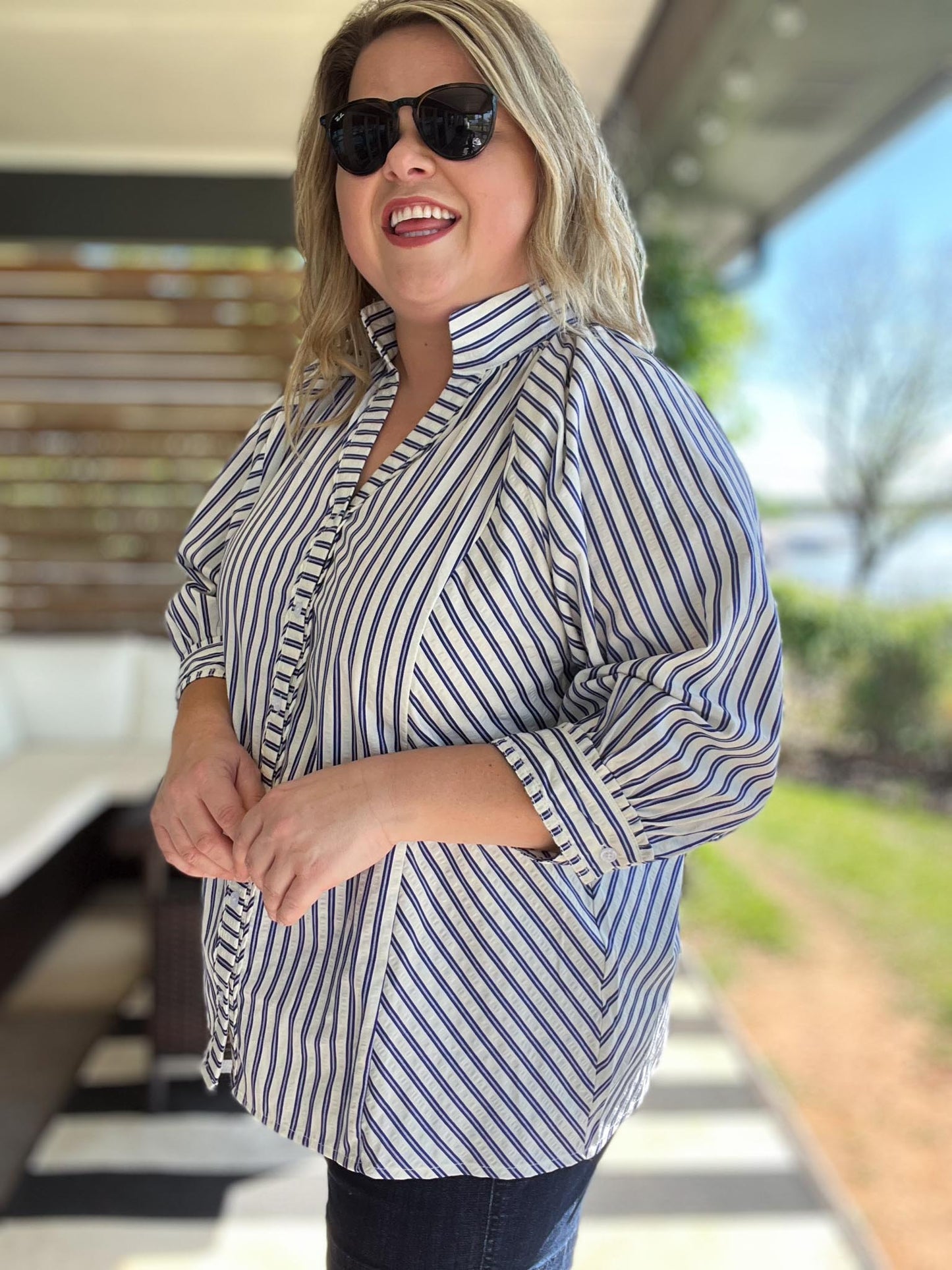 Picnic Pinstripe Curvy Navy Stripe Top