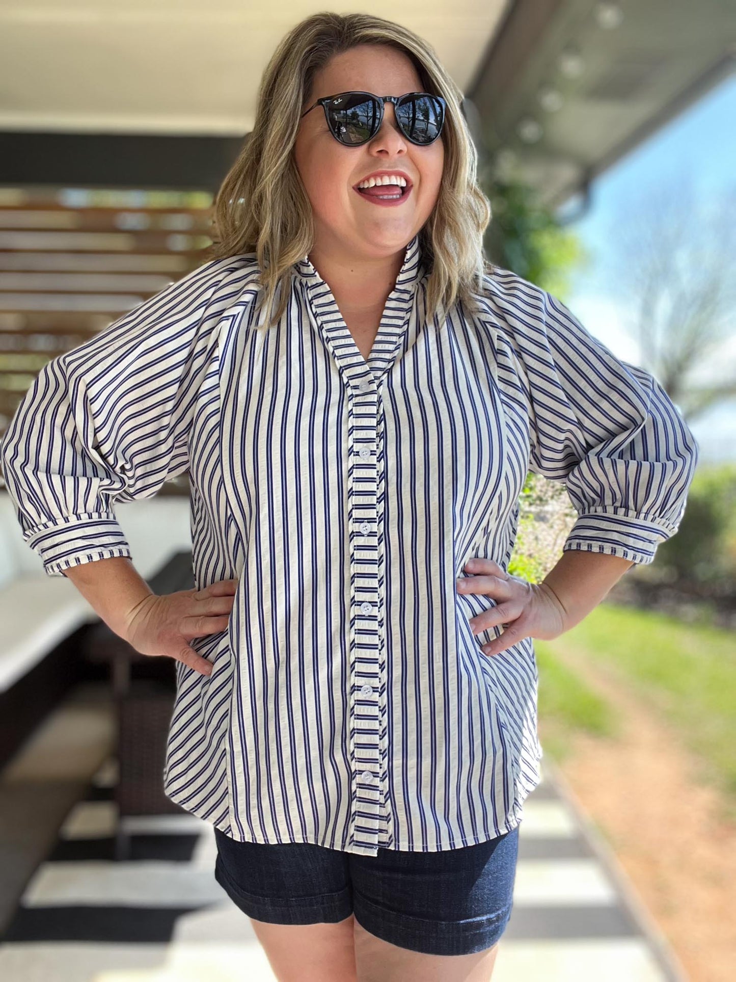 Picnic Pinstripe Curvy Navy Stripe Top