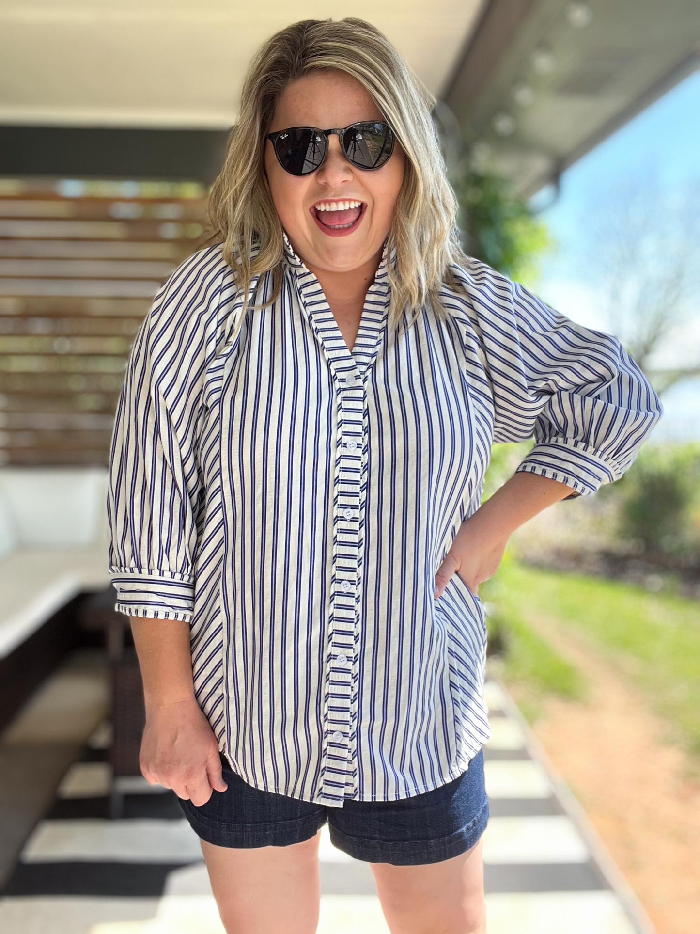 Picnic Pinstripe Curvy Navy Stripe Top