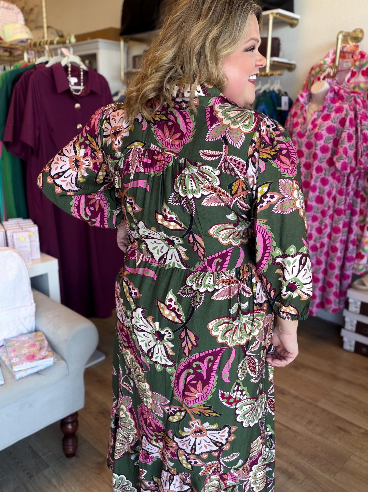 Pine & Paisley Curvy Olive Floral Collared Midi Dress