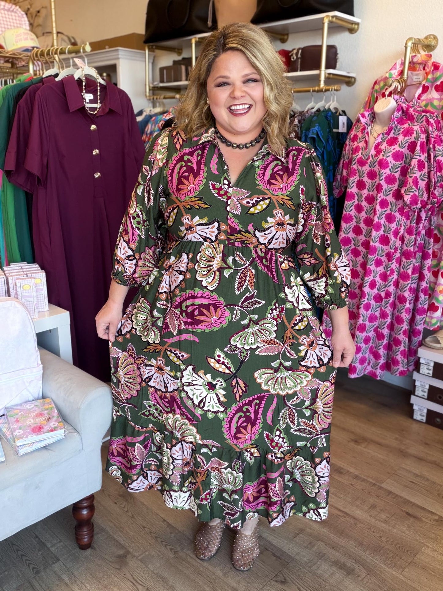 Pine & Paisley Curvy Olive Floral Collared Midi Dress