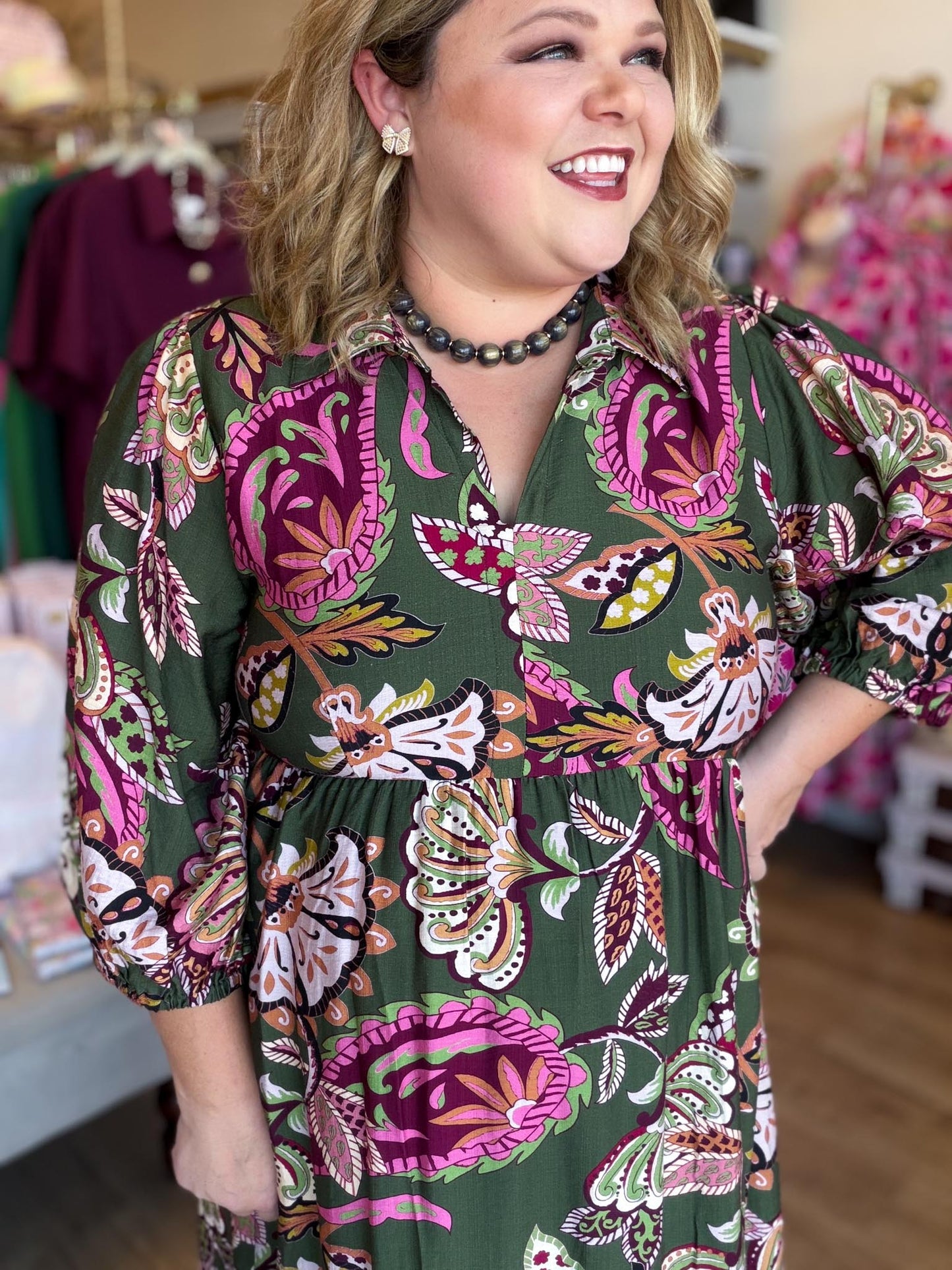 Pine & Paisley Curvy Olive Floral Collared Midi Dress
