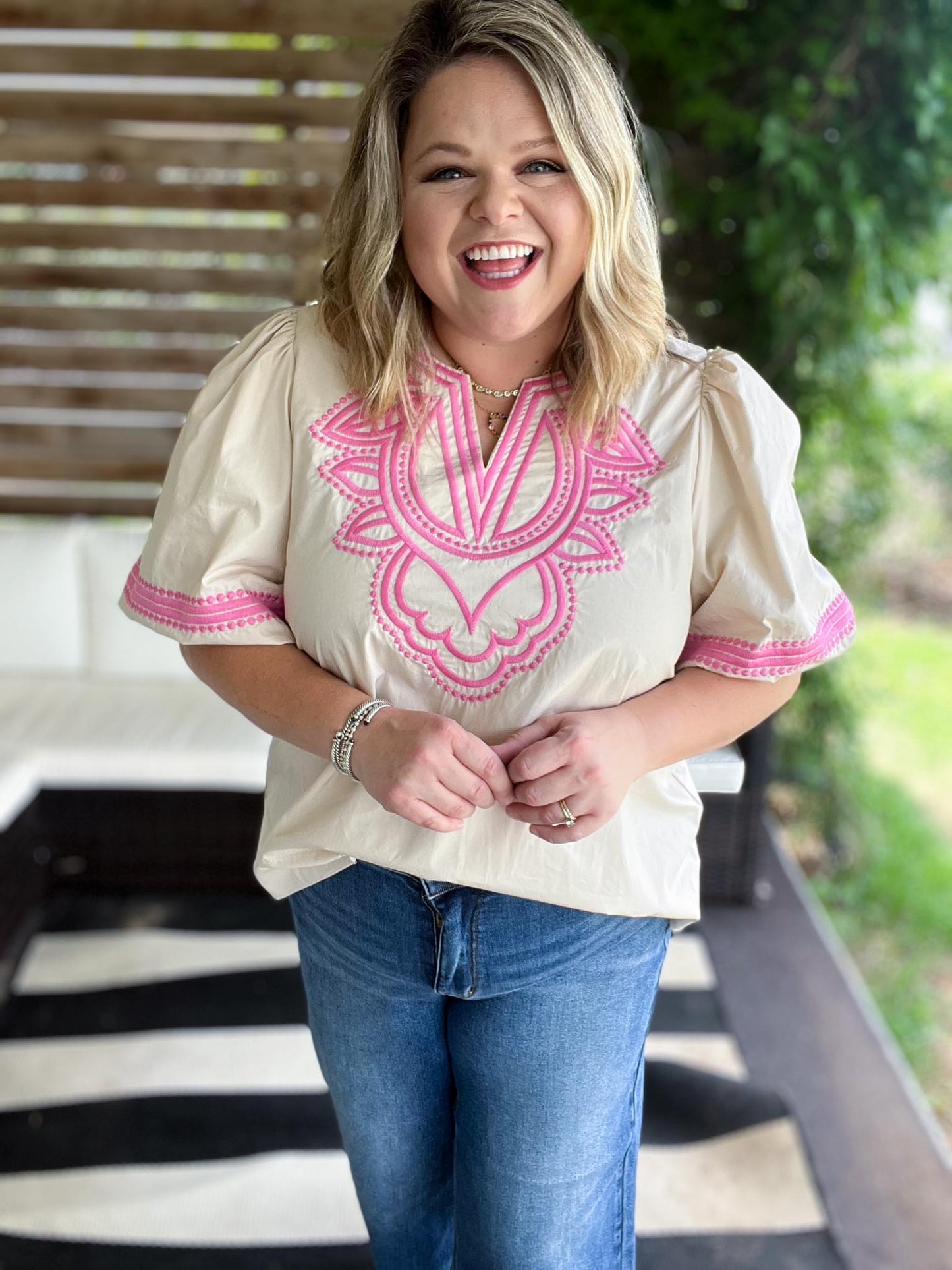 RESTOCKED! Pink Cantina Plus-Size Embroidered Top