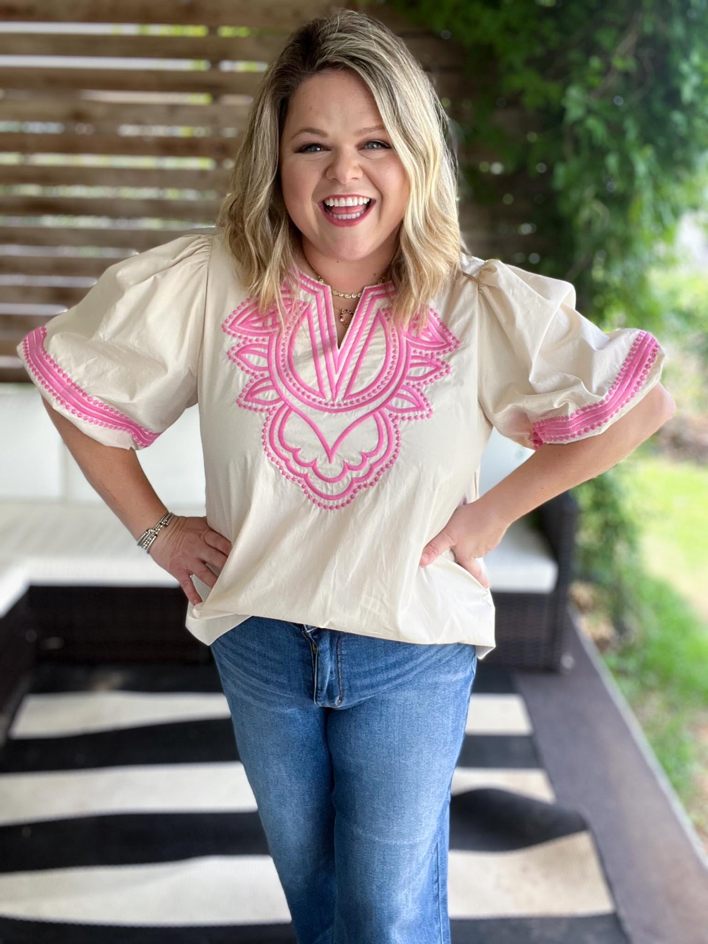 RESTOCKED! Pink Cantina Plus-Size Embroidered Top