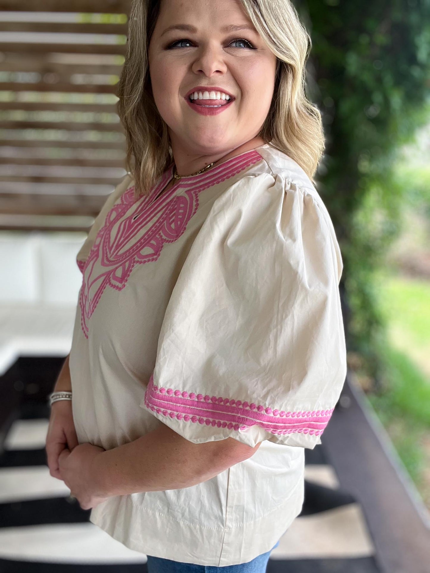 RESTOCKED! Pink Cantina Plus-Size Embroidered Top