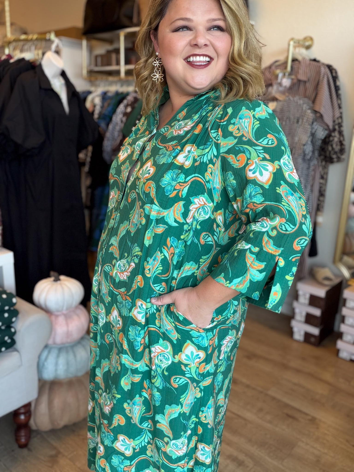 Playful Paisley Princess Curvy Green Midi Dress