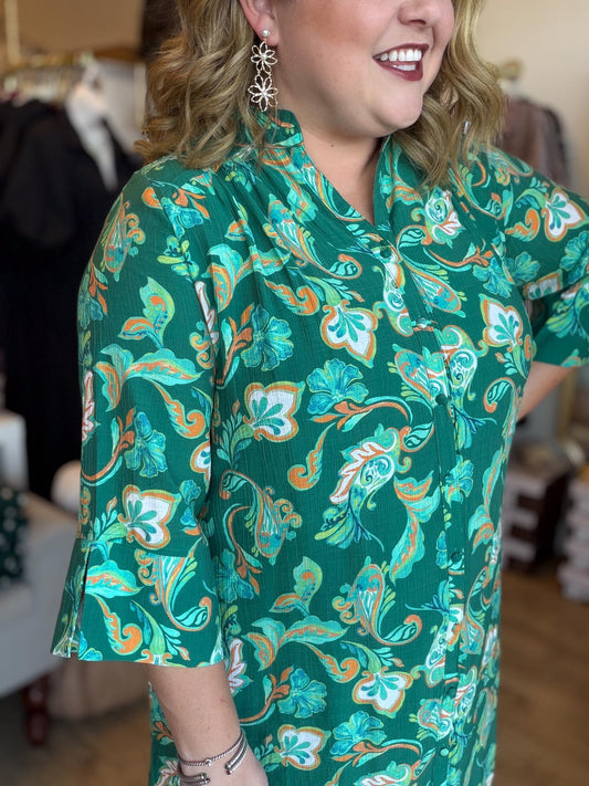 Playful Paisley Princess Curvy Green Midi Dress