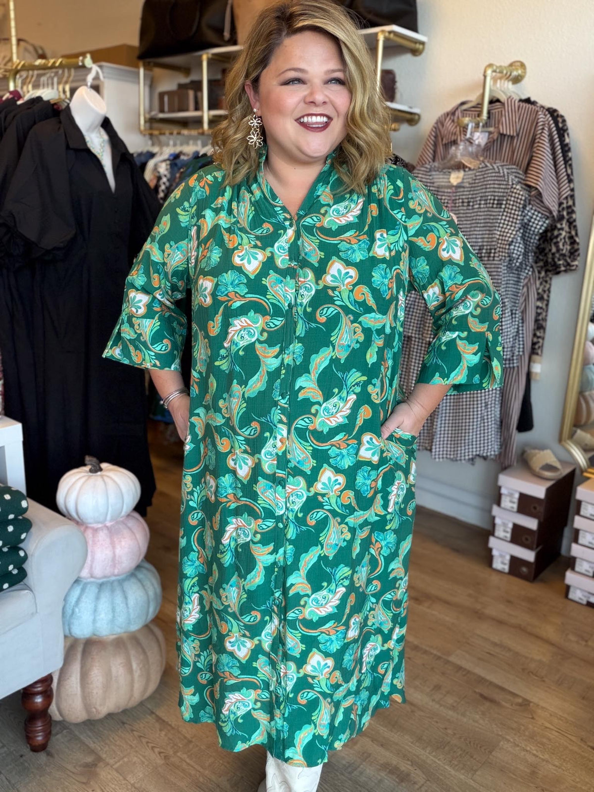 Playful Paisley Princess Curvy Green Midi Dress