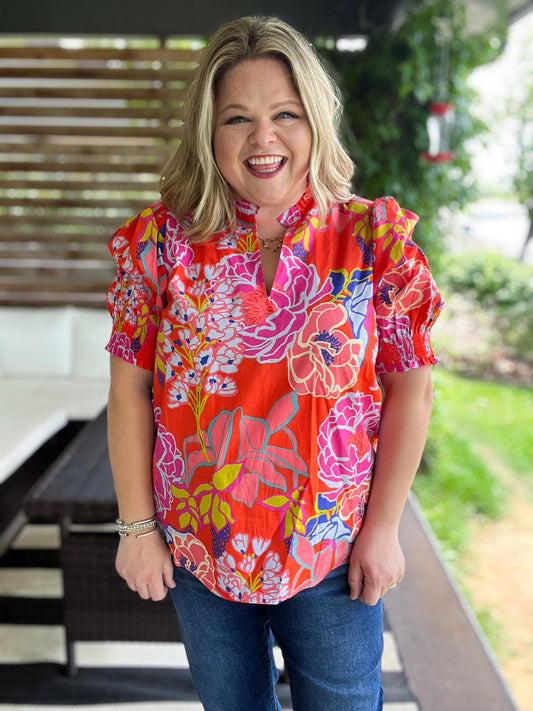 Pops of Paradise Plus-Size Split Neck Floral Top