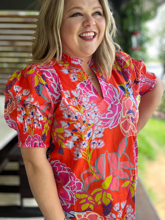 Pops of Paradise Plus-Size Split Neck Floral Top