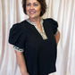 Posh in Print Curvy Black Top with Leopard Trim