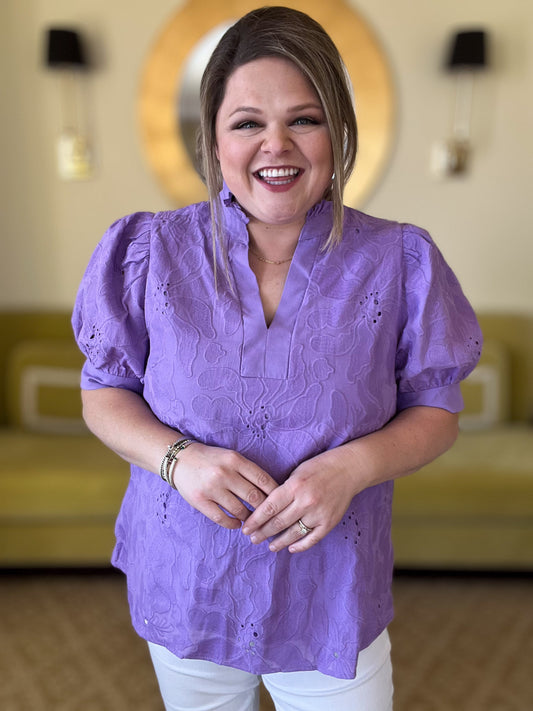Precious Petals Curvy Lavender Embroidered Floral Top