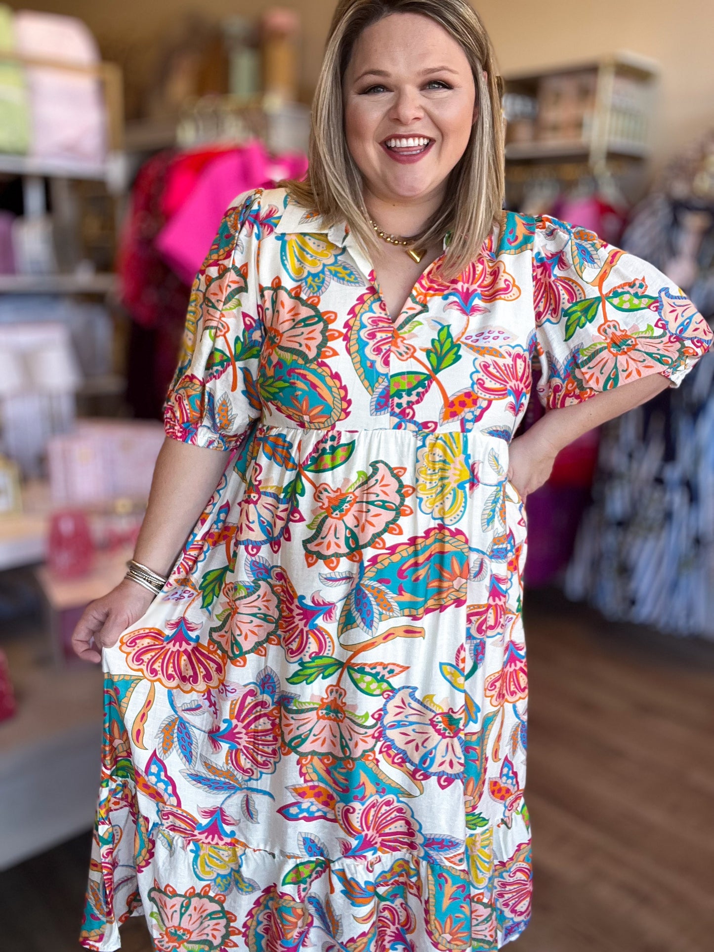 Prisms of Paisley Curvy Cream Midi Dress