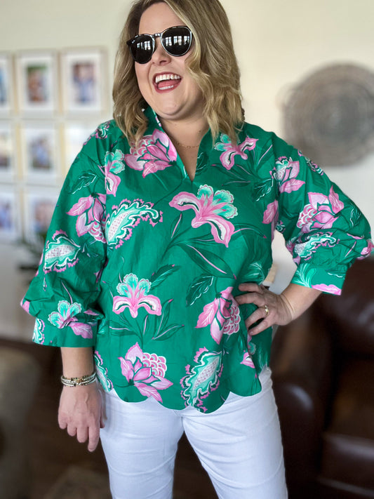 Provence Petal Curvy Green Floral Top