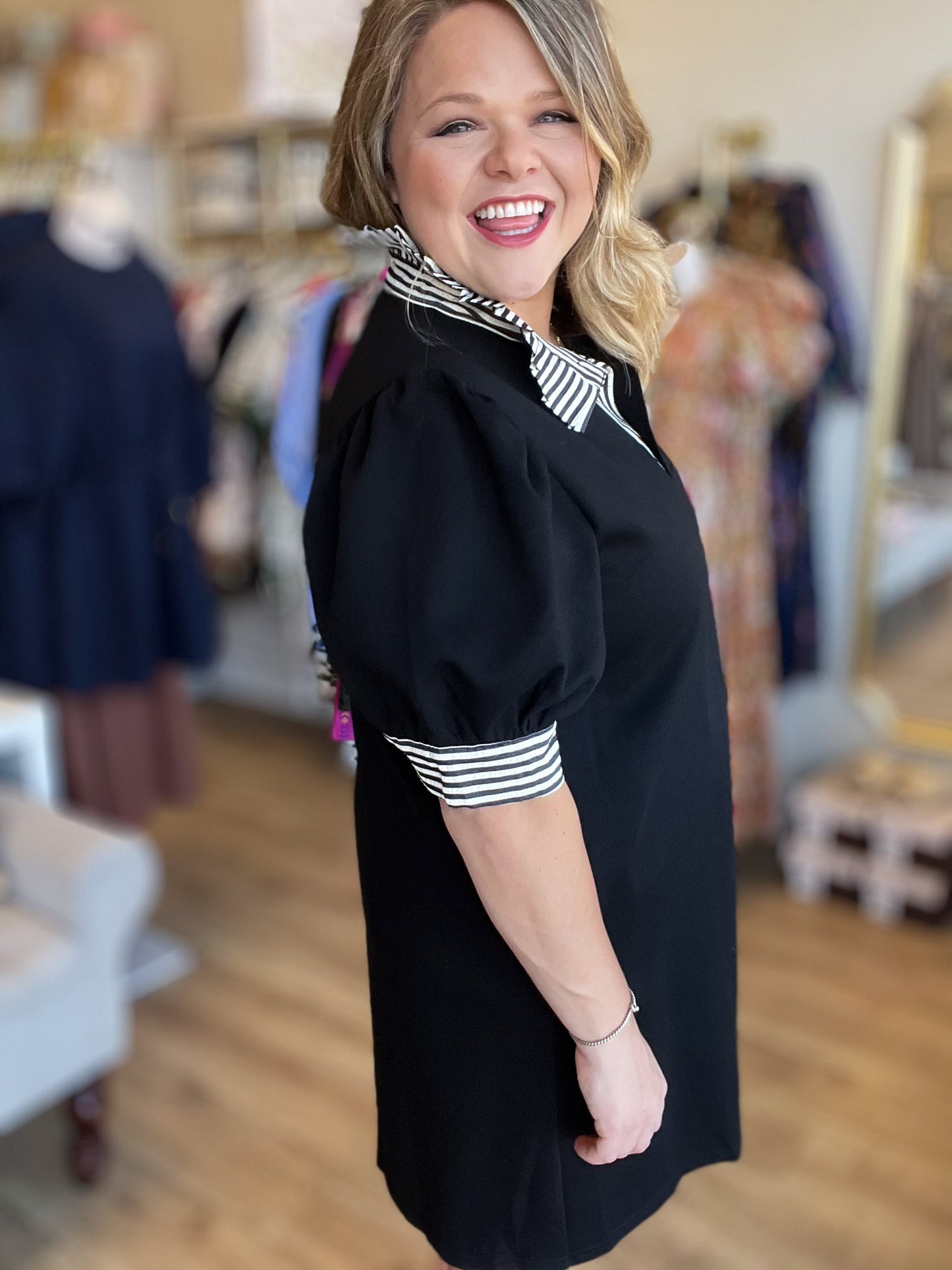 Put Me In, Coach Curvy Black Stripe Collar Dress