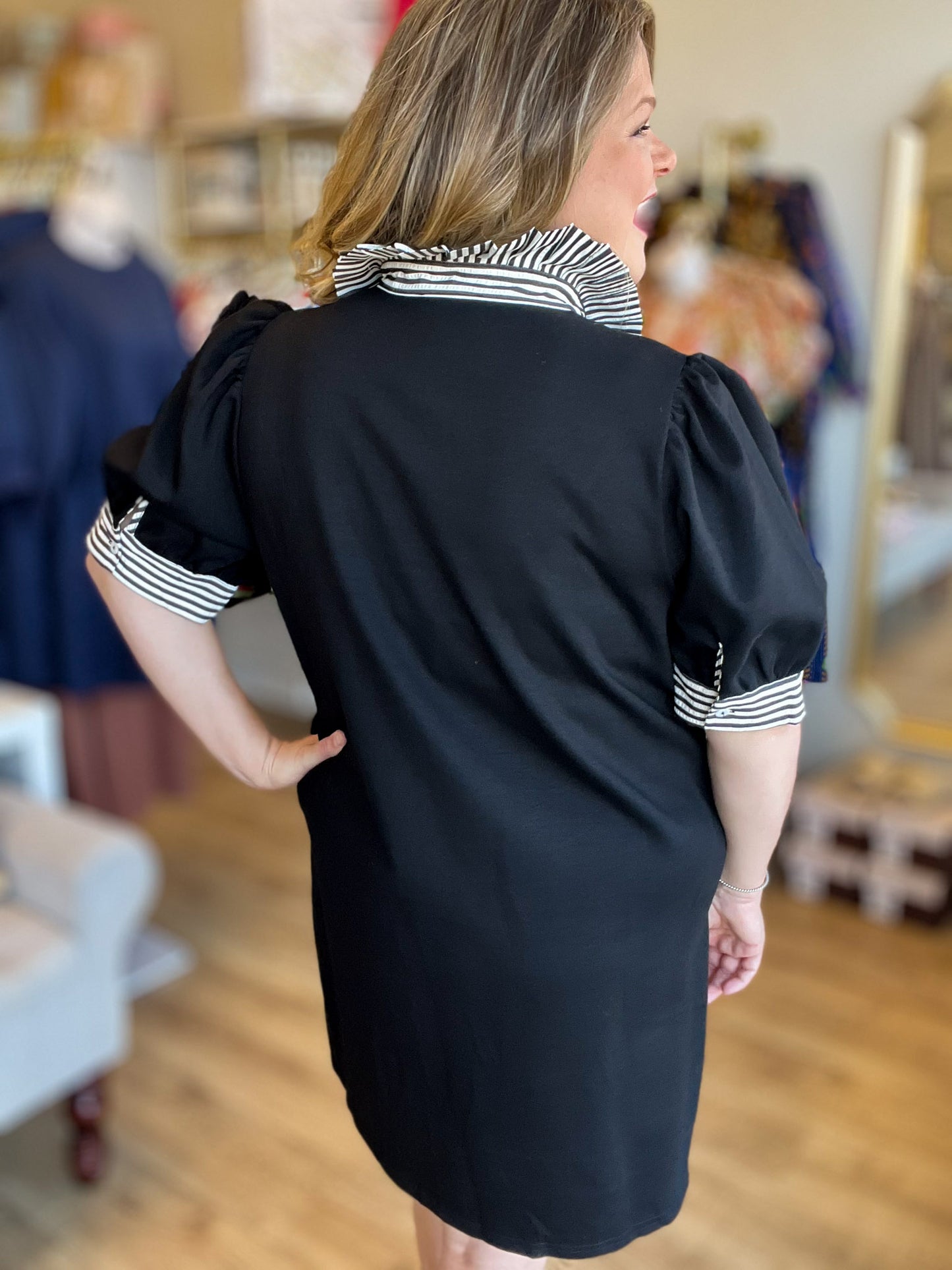 Put Me In, Coach Curvy Black Stripe Collar Dress