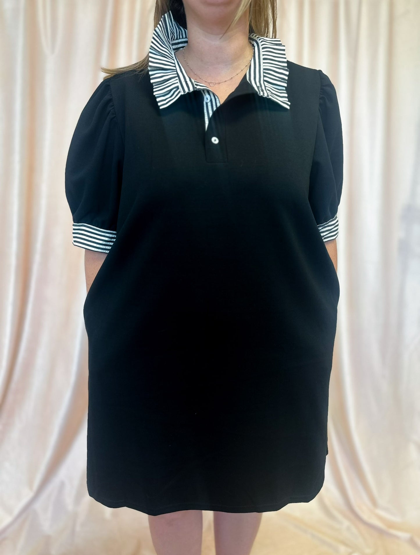 Put Me In, Coach Curvy Black Stripe Collar Dress