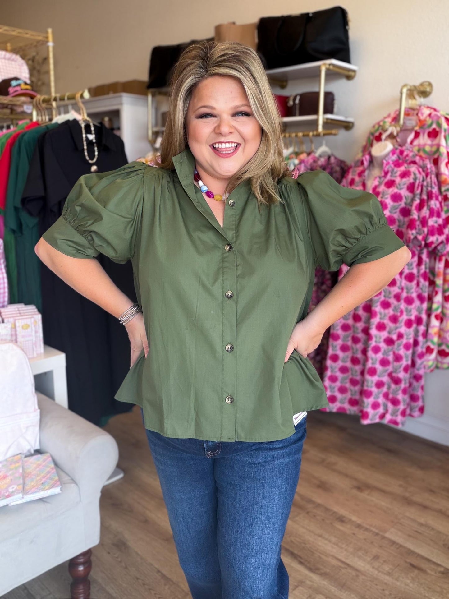 Quiet Transition Curvy Olive High Collar Top