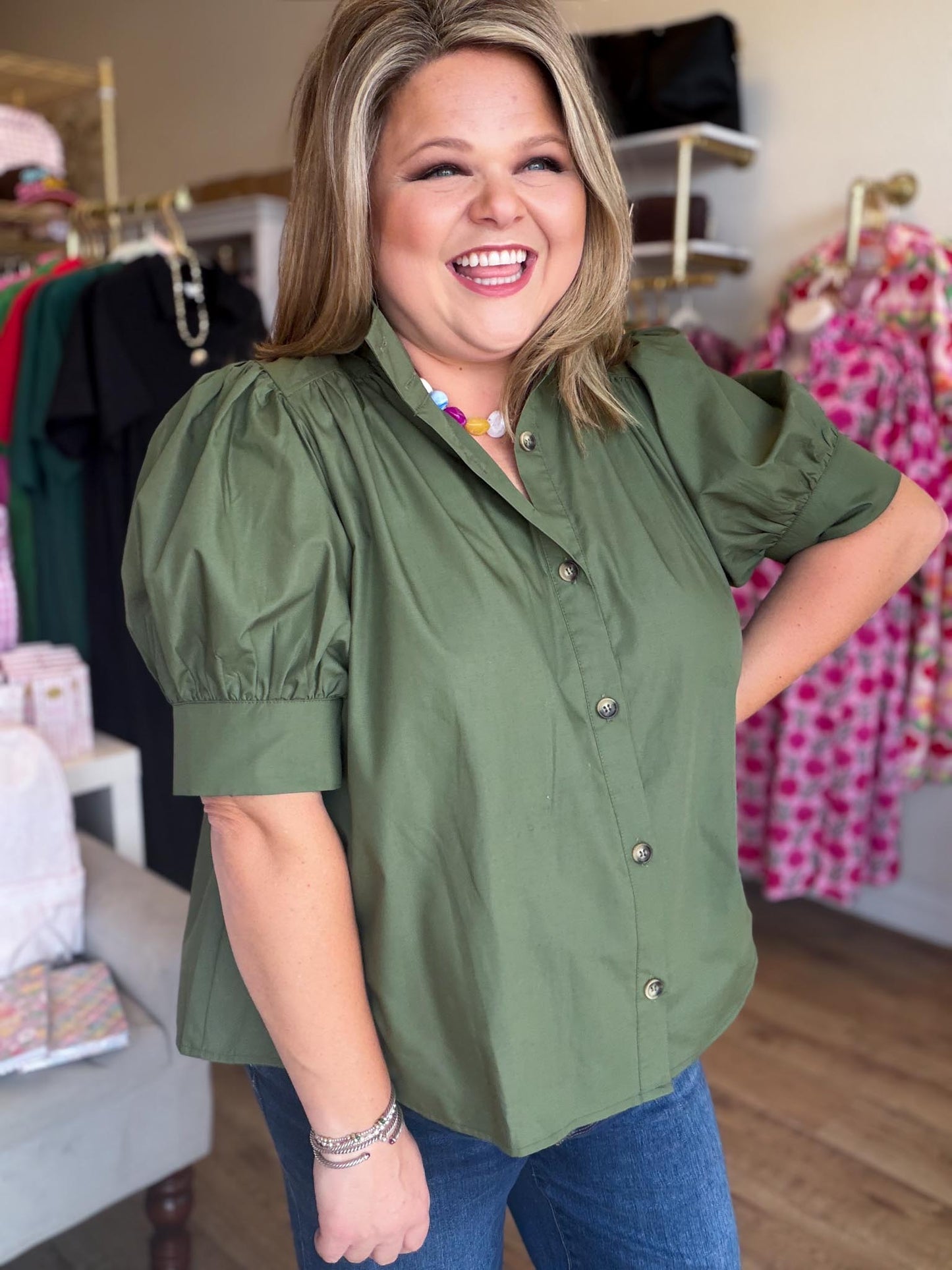 Quiet Transition Curvy Olive High Collar Top