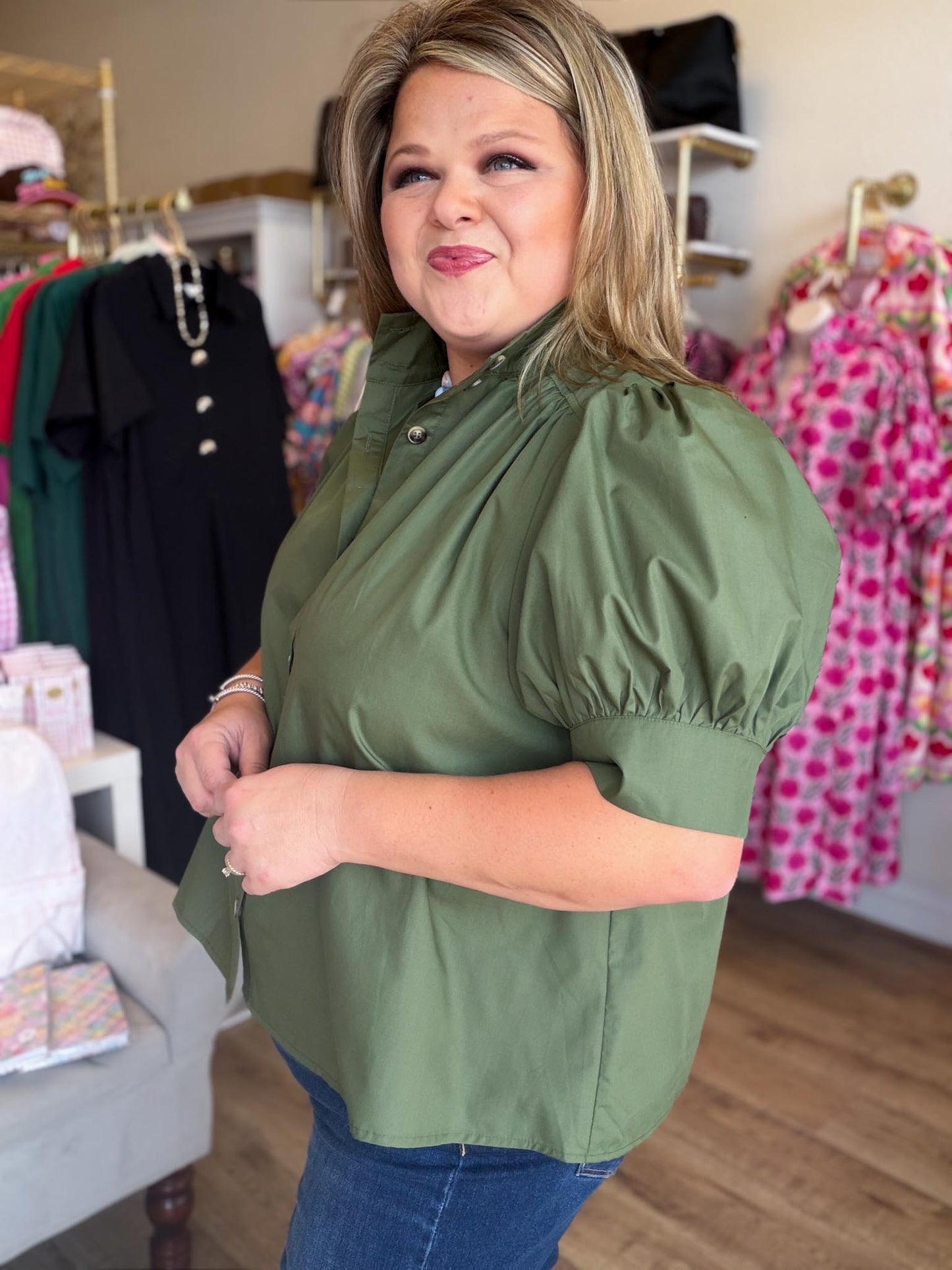Quiet Transition Curvy Olive High Collar Top
