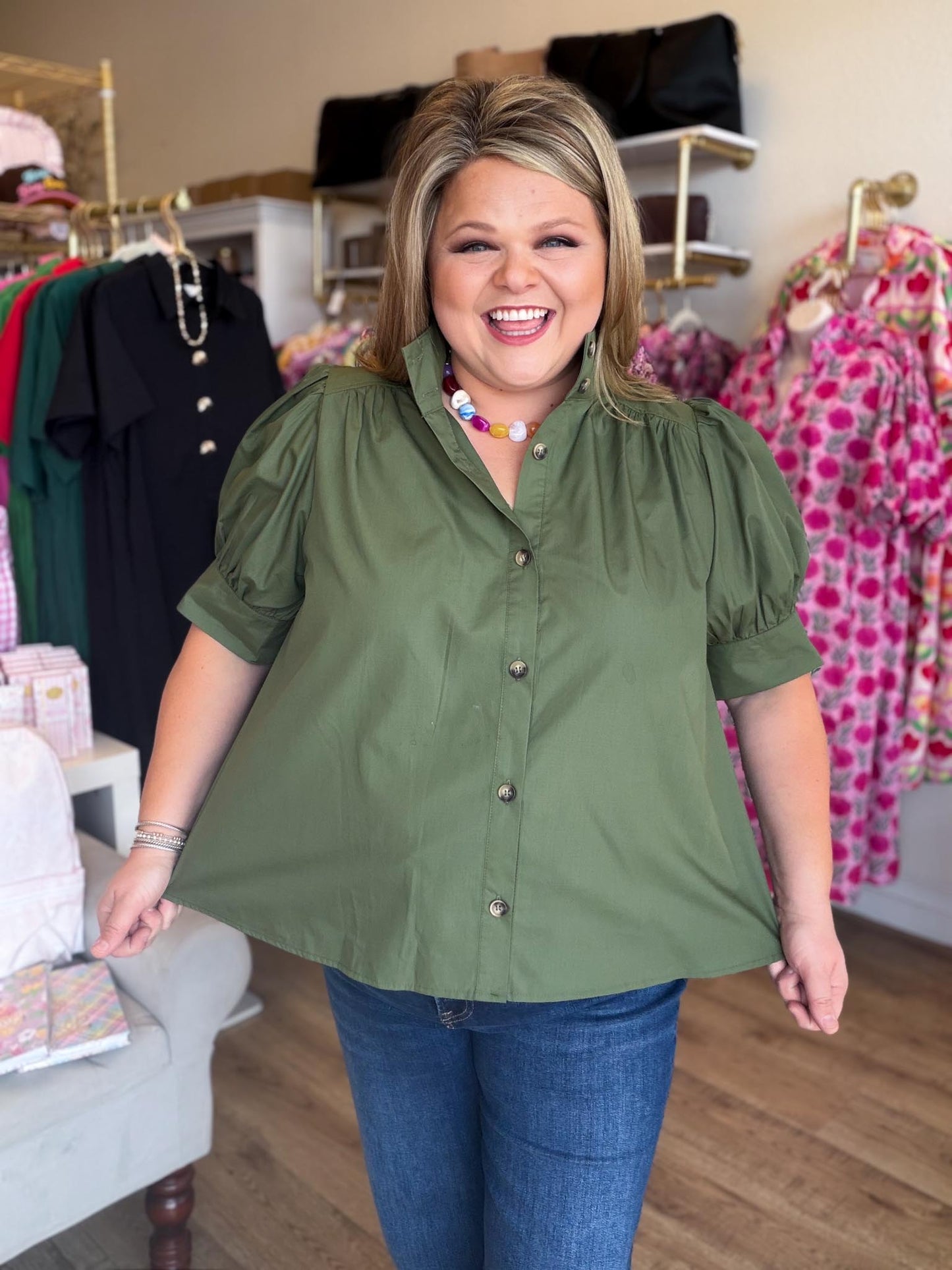 Quiet Transition Curvy Olive High Collar Top