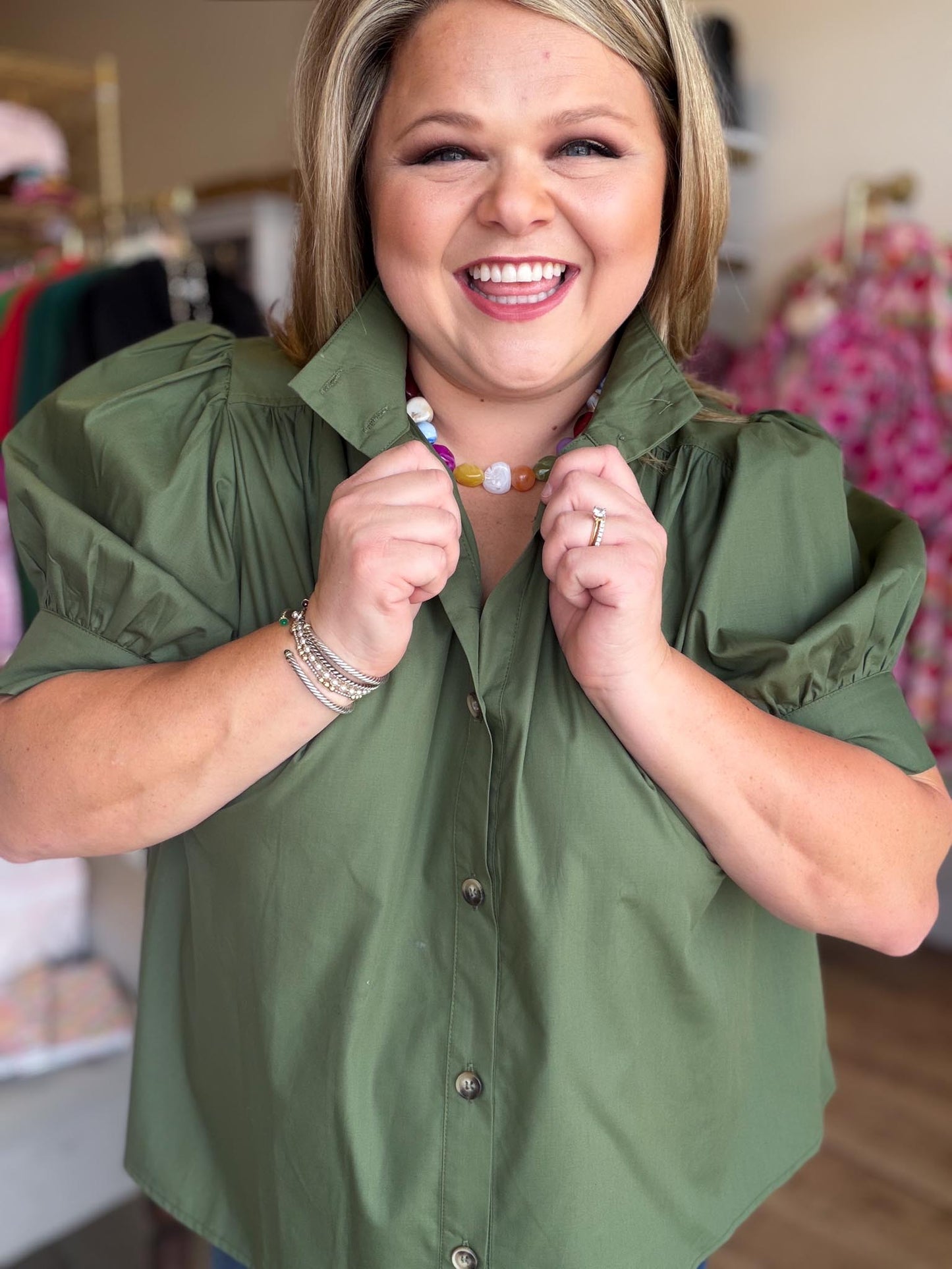 Quiet Transition Curvy Olive High Collar Top
