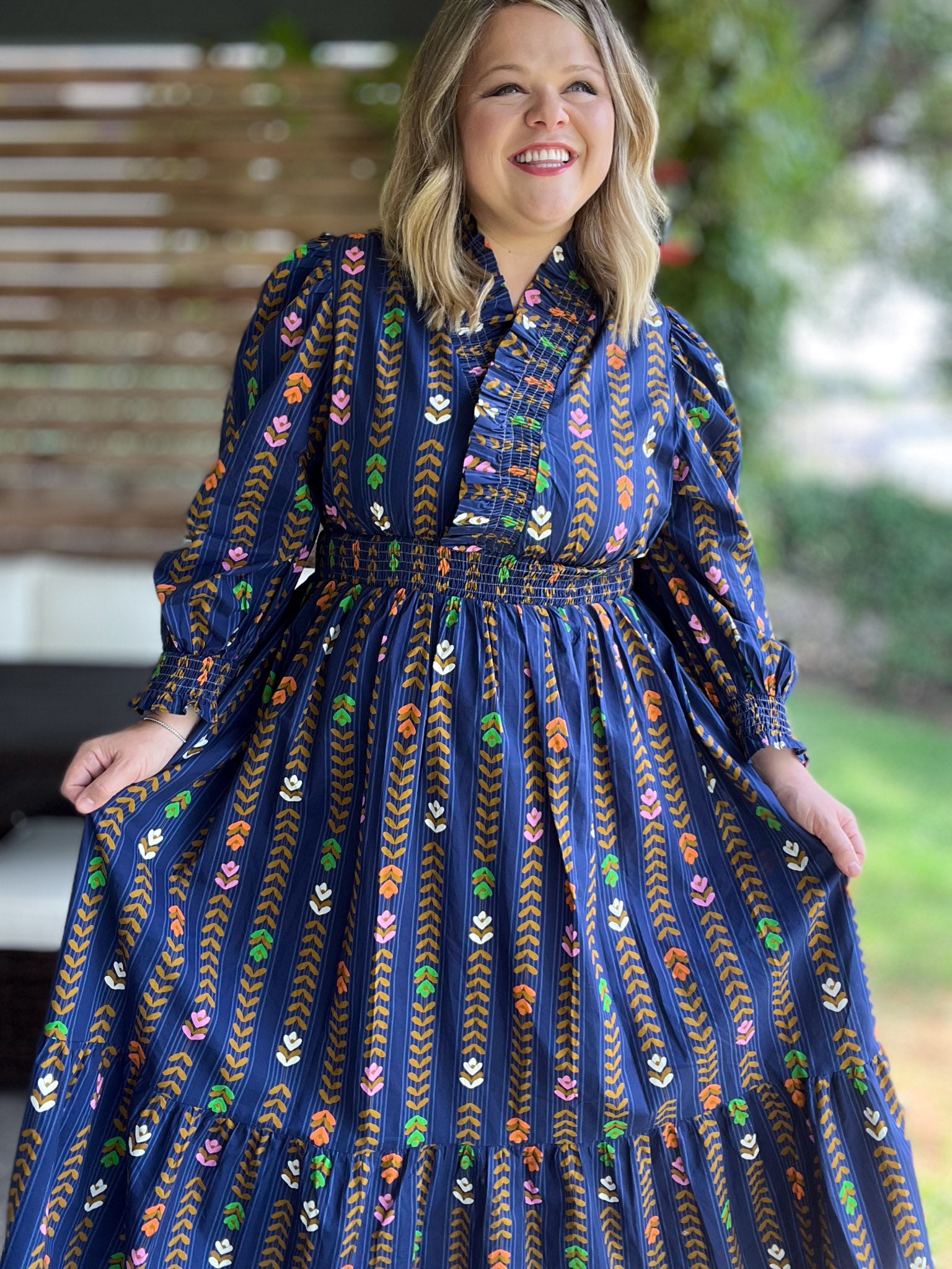 RESTOCKED! Raindrops on Roses Curvy Midnight Long Sleeve Maxi Dress – Katherine Parker Designs