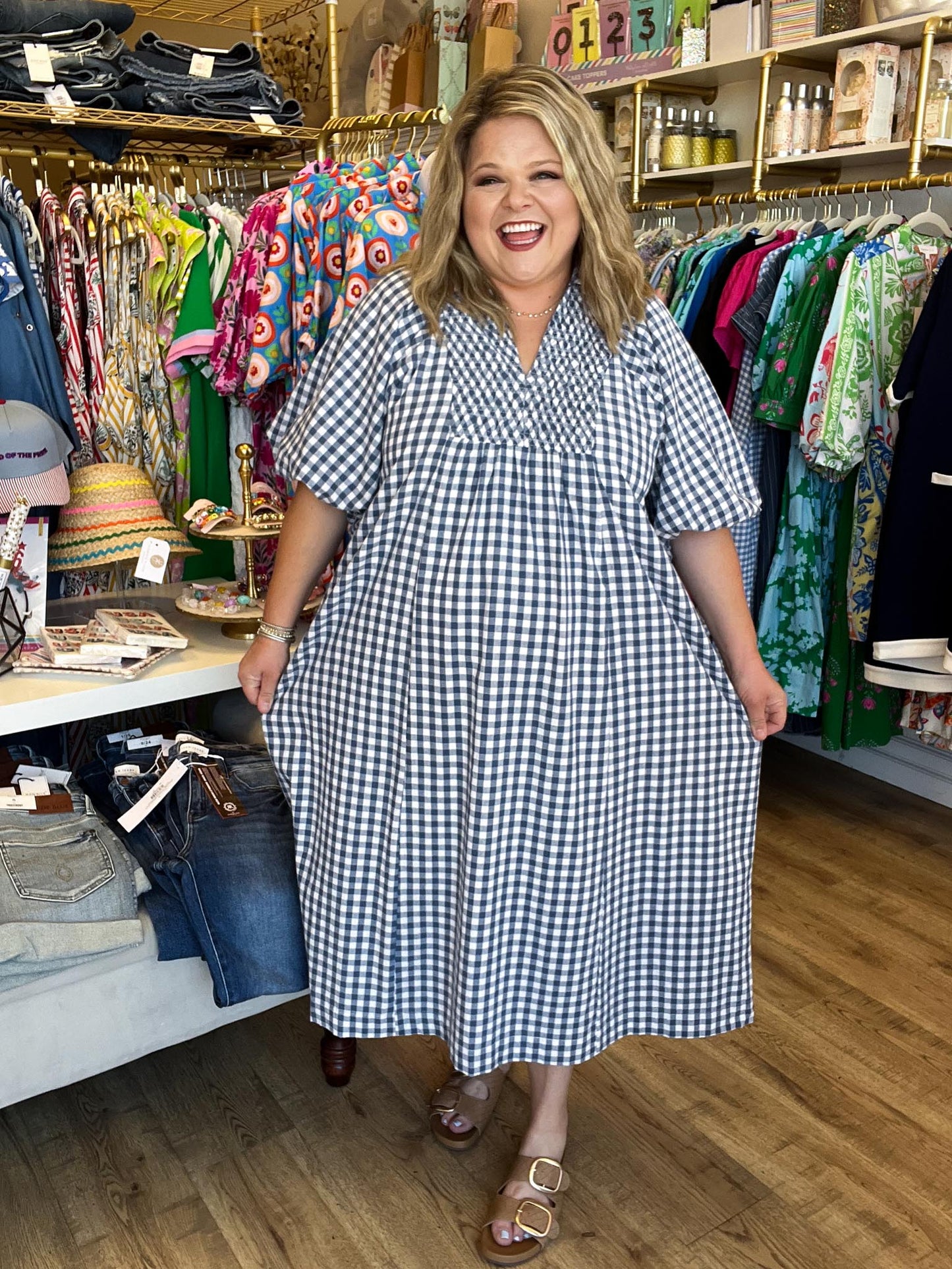 Red, White & Darling Curvy Navy Gingham Midi Dress