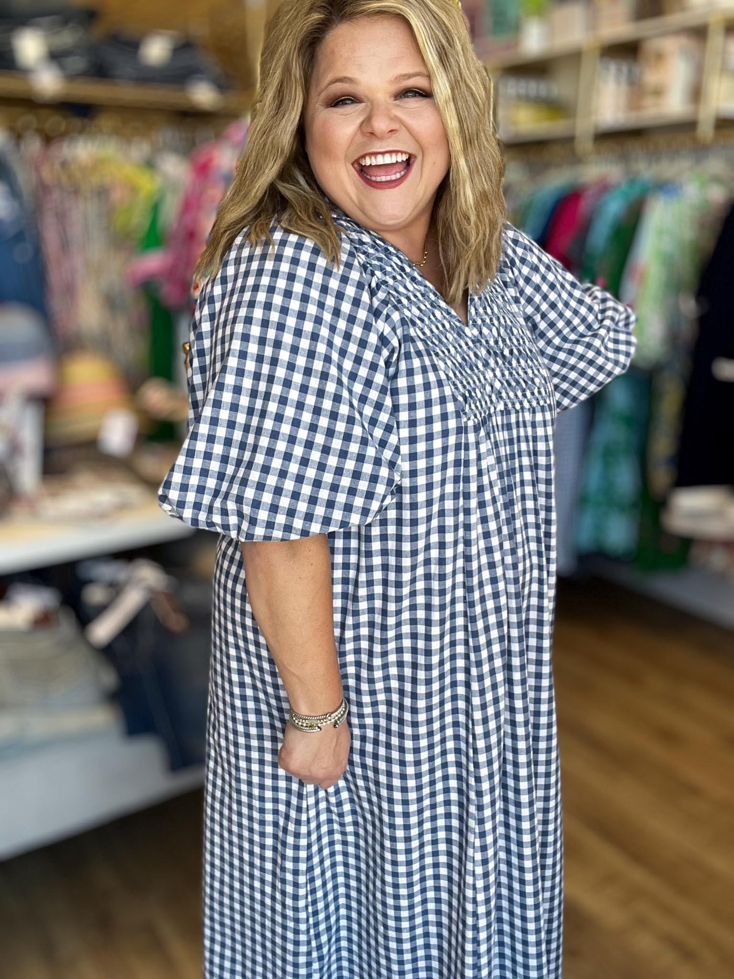 Red, White & Darling Curvy Navy Gingham Midi Dress