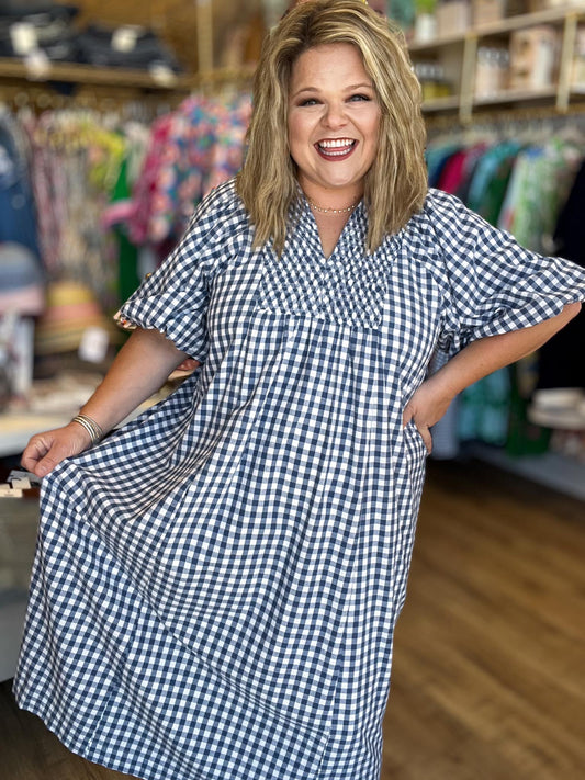 Red, White & Darling Curvy Navy Gingham Midi Dress