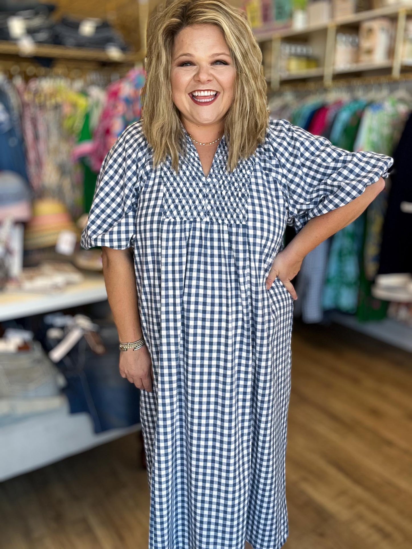 Red, White & Darling Curvy Navy Gingham Midi Dress