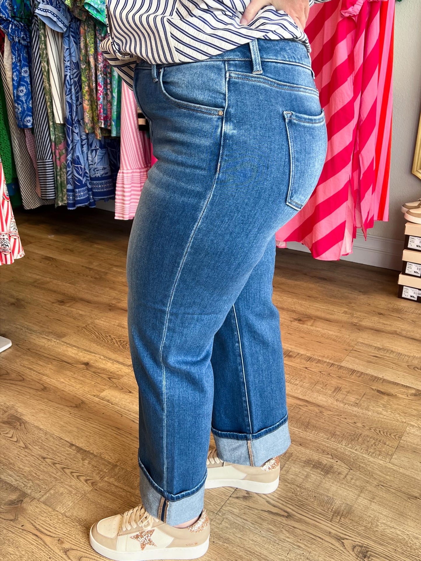 Risen Mid Rise Crop Straight Cuffed Jeans