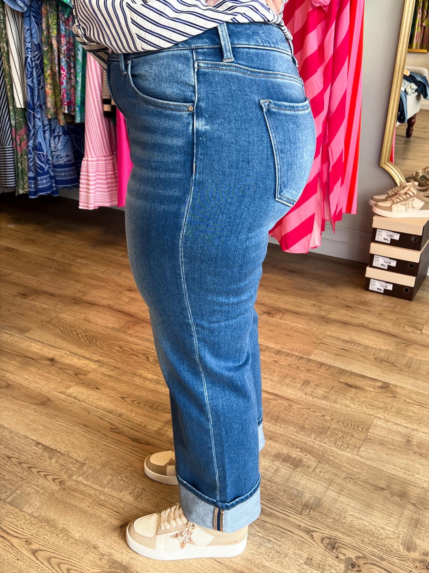 Risen Mid Rise Crop Straight Cuffed Jeans