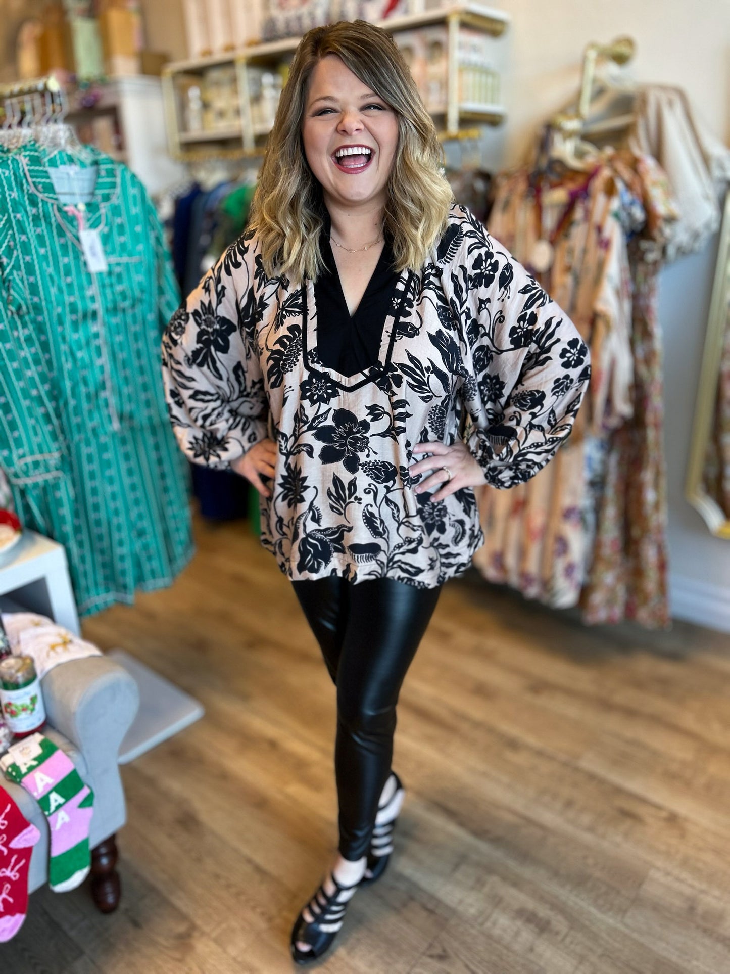 Rockin' Around Curvy Black & Taupe Top