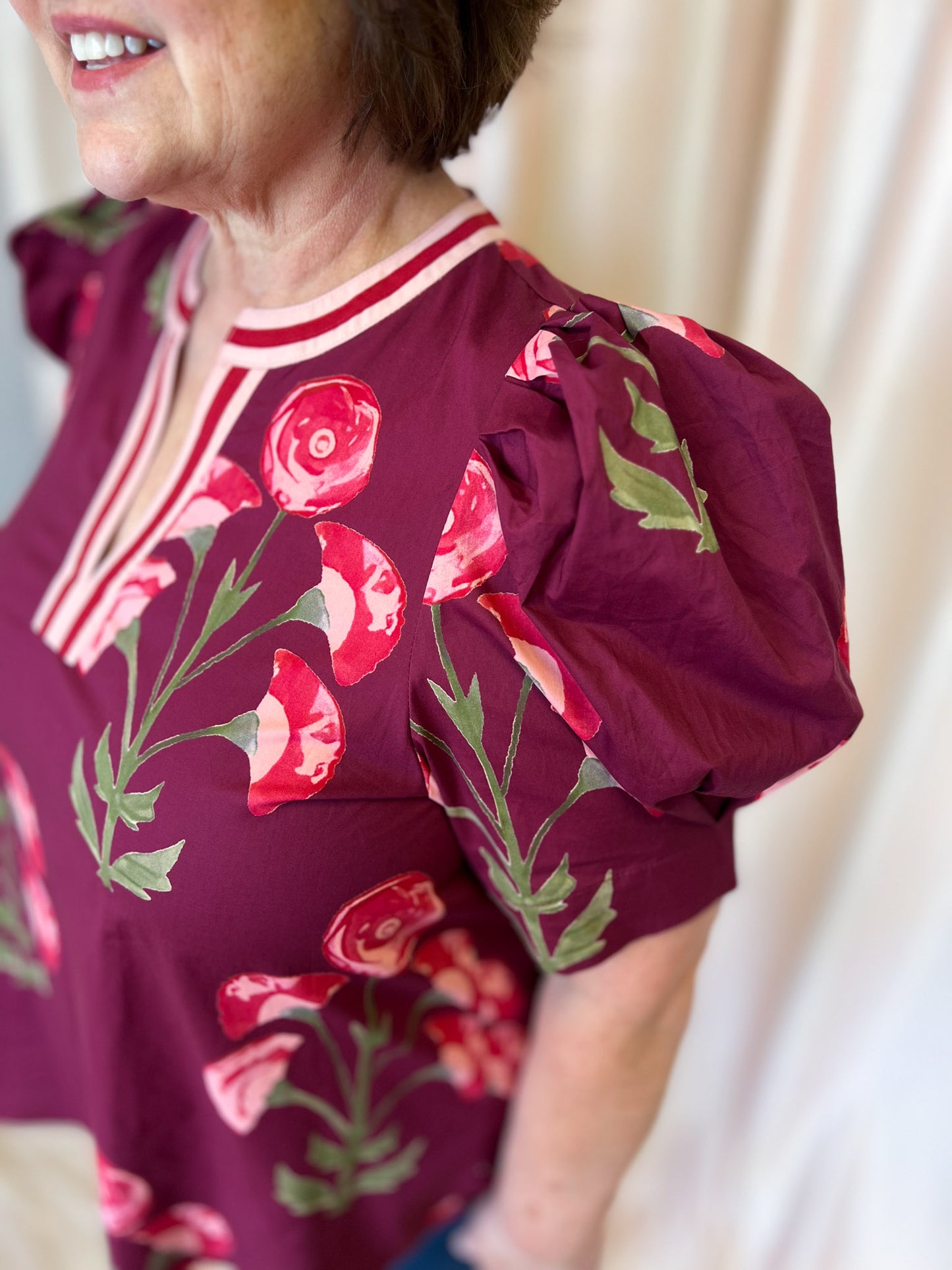 Rosy Ranunculus Curvy Wine Floral Blouse