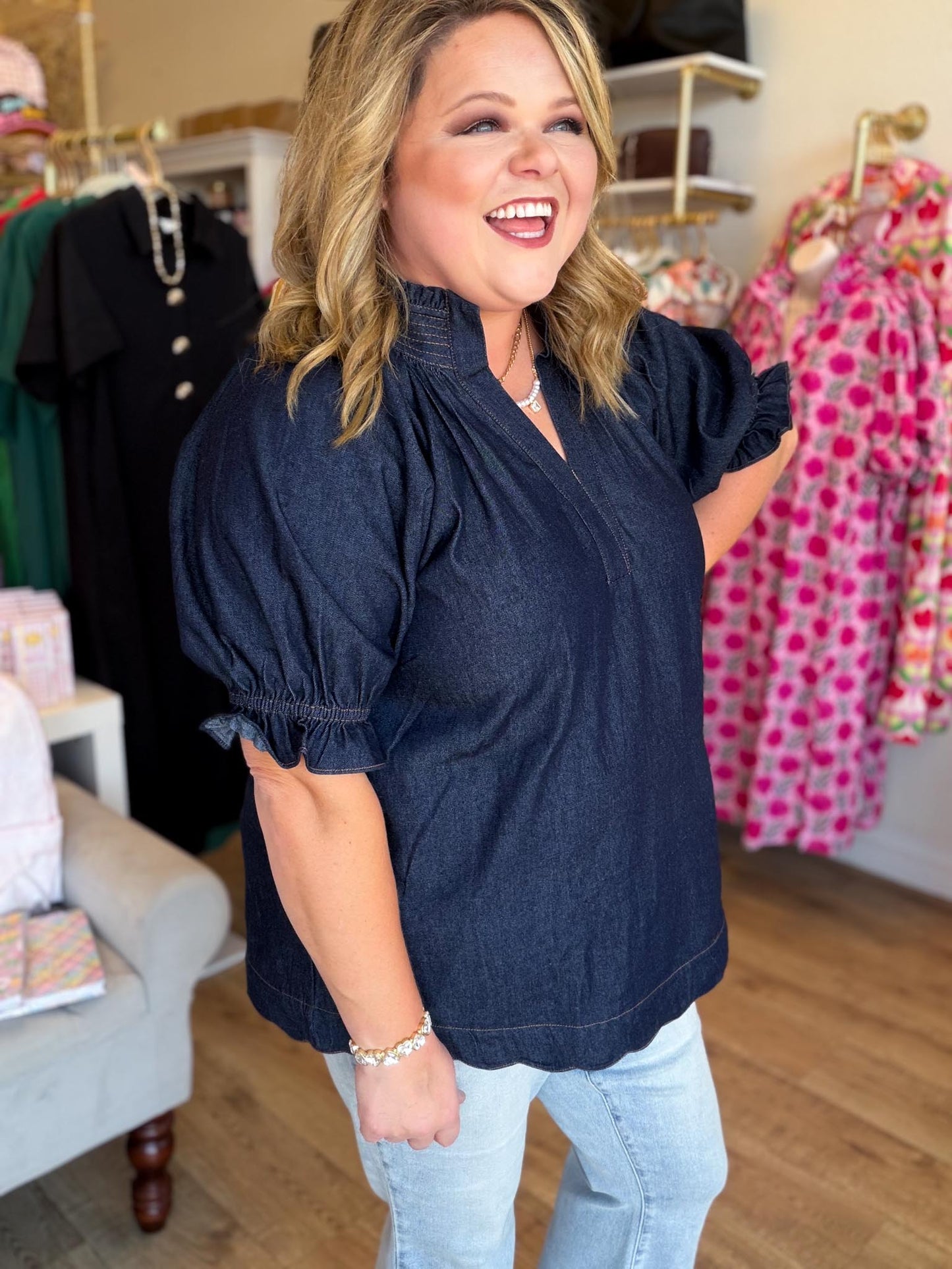 Saddle Up Curvy Denim Scallop Top