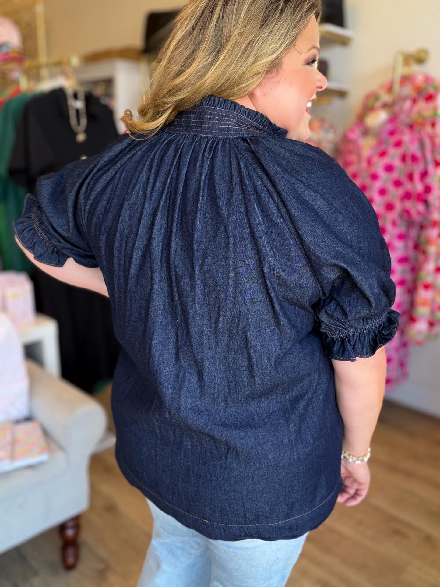 Saddle Up Curvy Denim Scallop Top