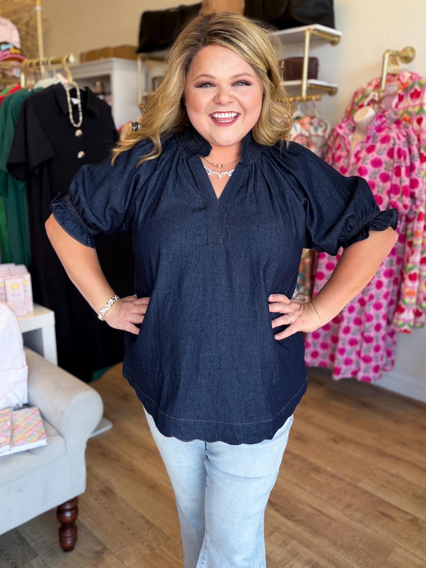 Saddle Up Curvy Denim Scallop Top