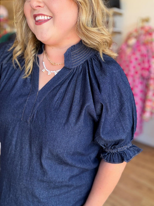 Saddle Up Curvy Denim Scallop Top