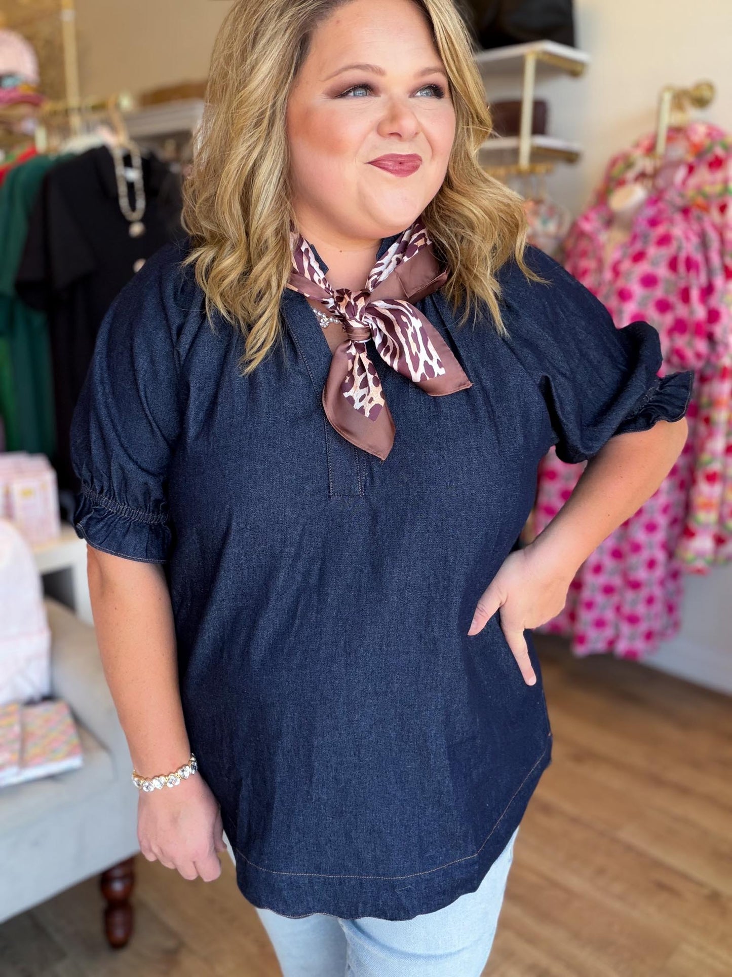 Saddle Up Curvy Denim Scallop Top